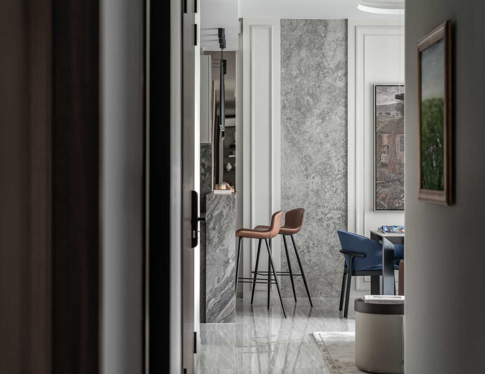 A grey stone slab adds subtle visual interest without detracting from the overall palette