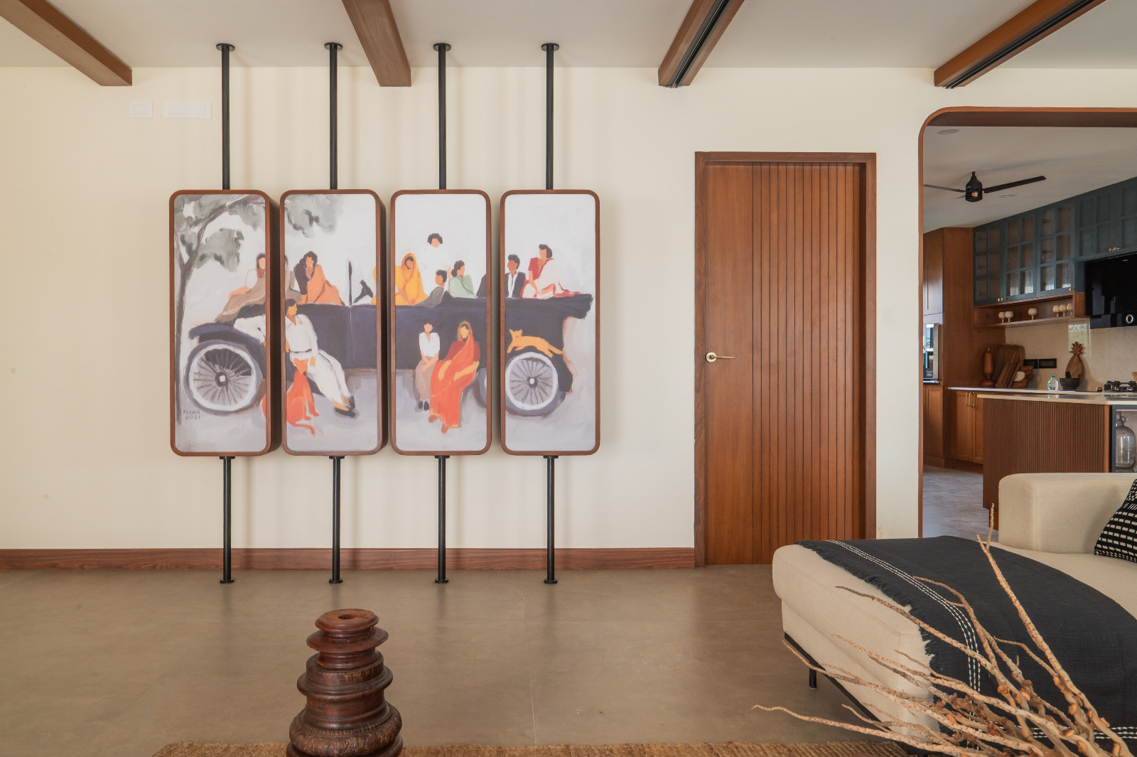 The bar area in the living room in a Chennai, India home designed by Abhinaya Rangarajan of Coexist Architecture