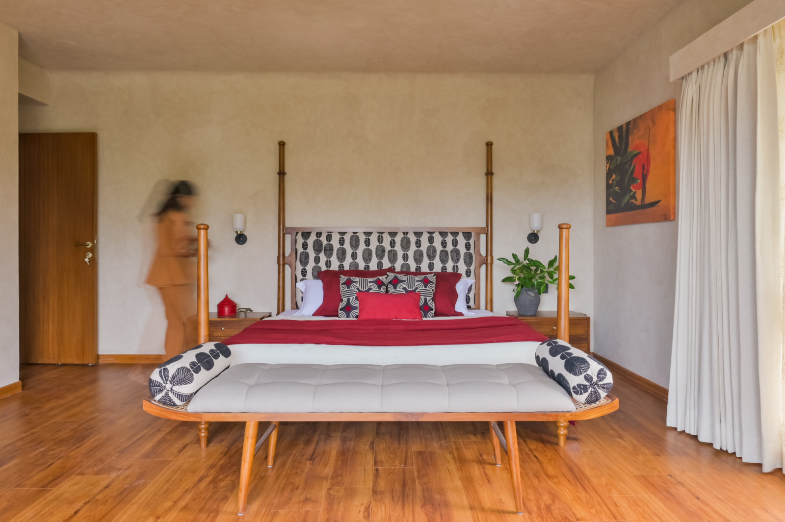 One of the bedrooms in a Chennai, India home designed by Abhinaya Rangarajan of Coexist Architecture