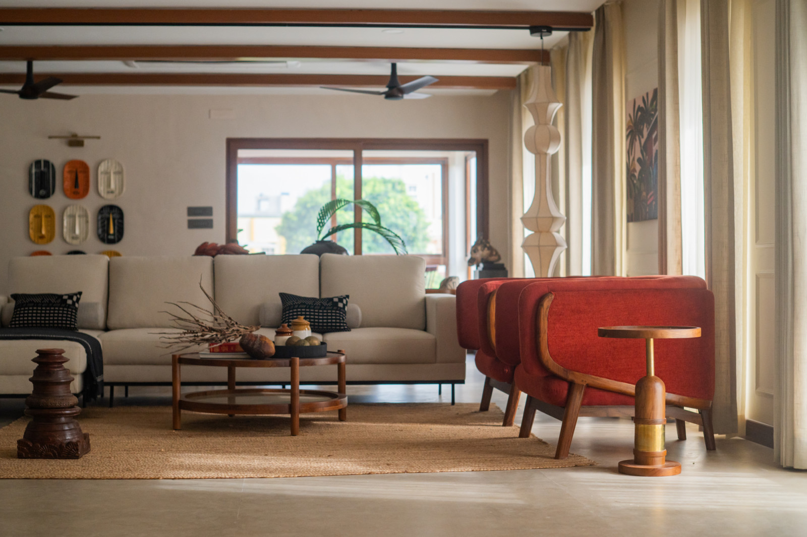The living room in a Chennai, India home designed by Abhinaya Rangarajan of Coexist Architecture