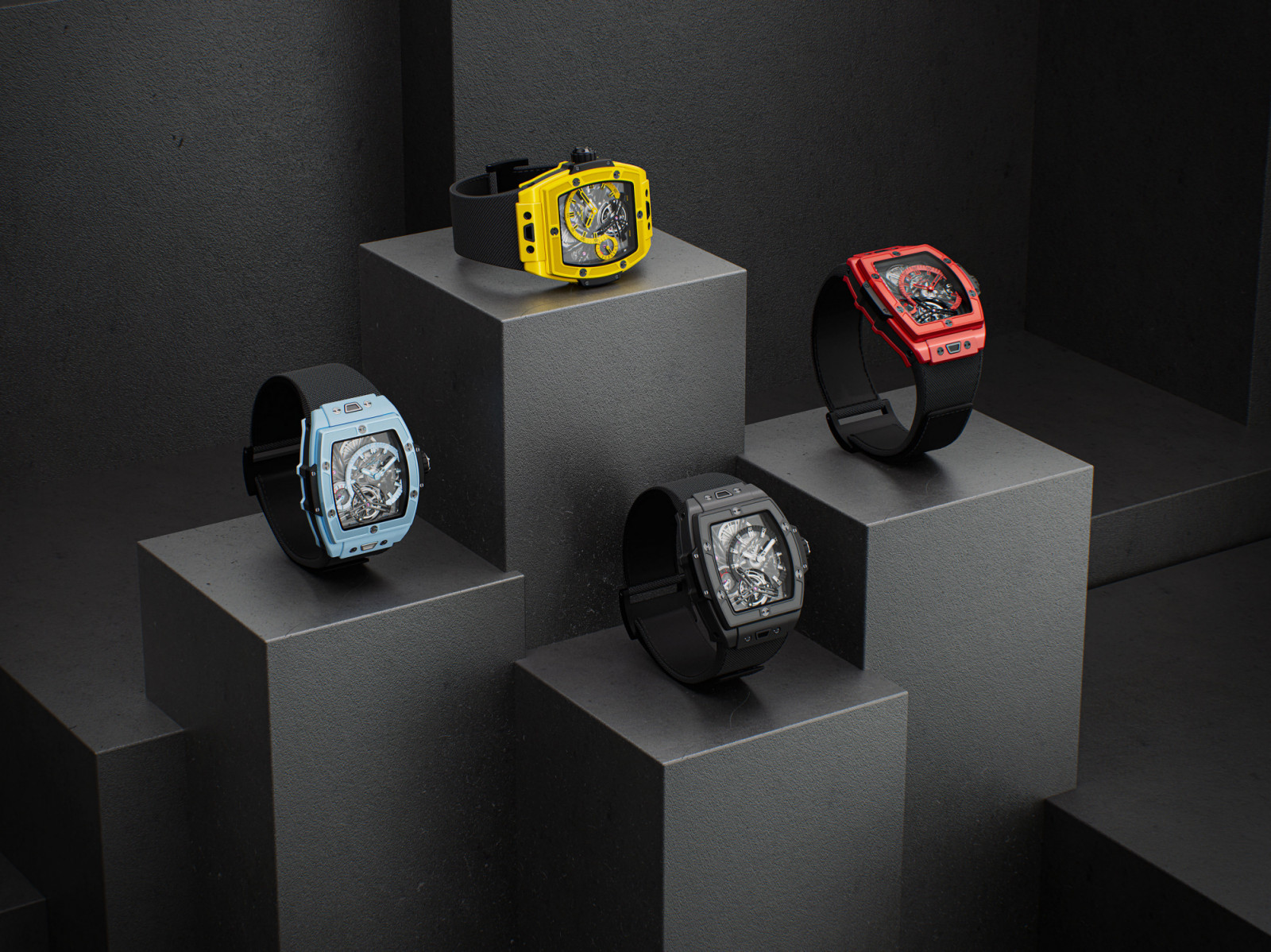 Hublot Spirit of Big Bang Tourbillon in red, yellow, sky blue and black ceramic