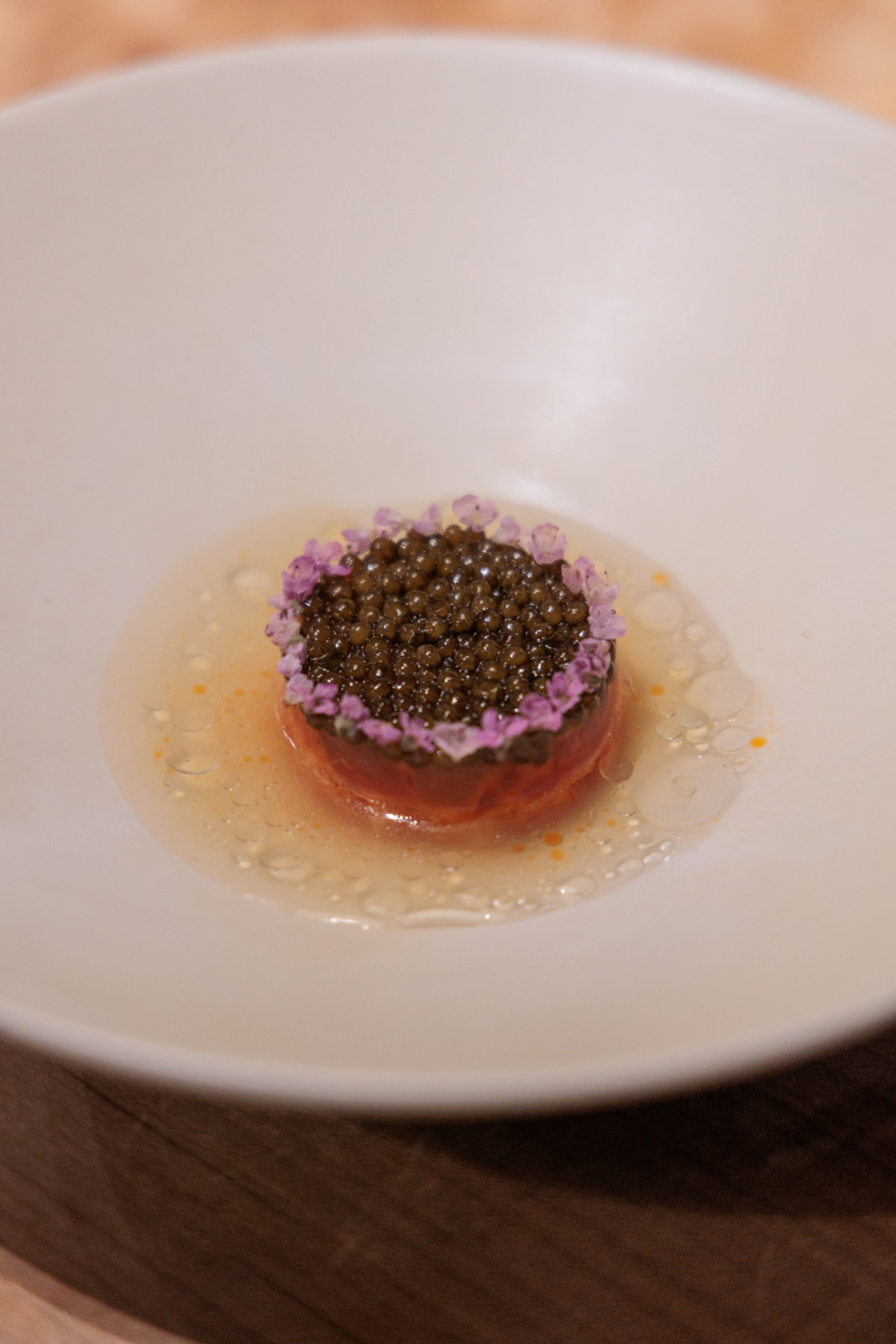 Ehima: tuna tartare with caviar, shiso flowers and a broth made from maguro bushi by chef-owner Michihiro Haruta of Crony, Tokyo