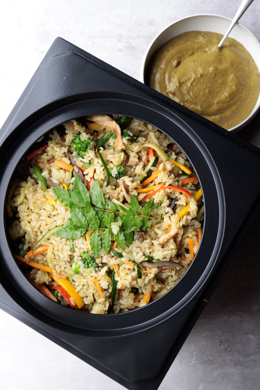 Vegetable and mushroom bibimbap with “trash sauce” from the collaboration dinner