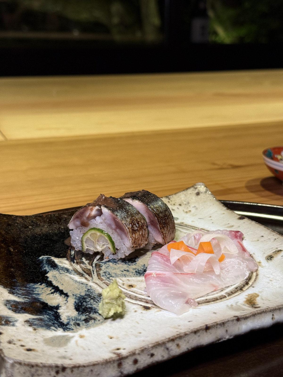 Tai sashimi and sanma roll with sanma liver from Kuroiwa Muni, served with umeboshi vinegar (photo: Lauren Golangco)