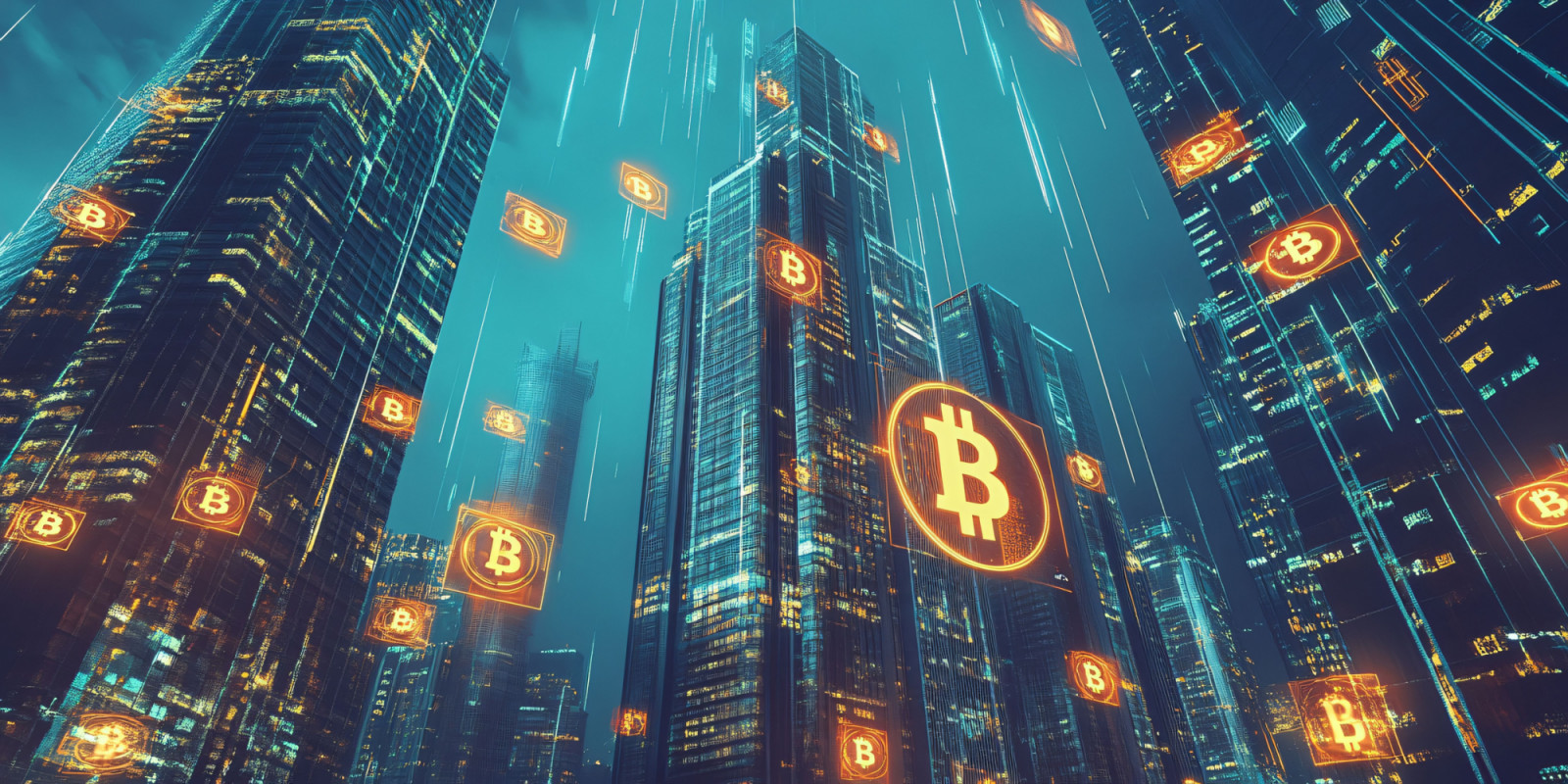 Bitcoin cryptocurrency symbol on skyscrapers background. Cryptocurrency concept. AI-generated