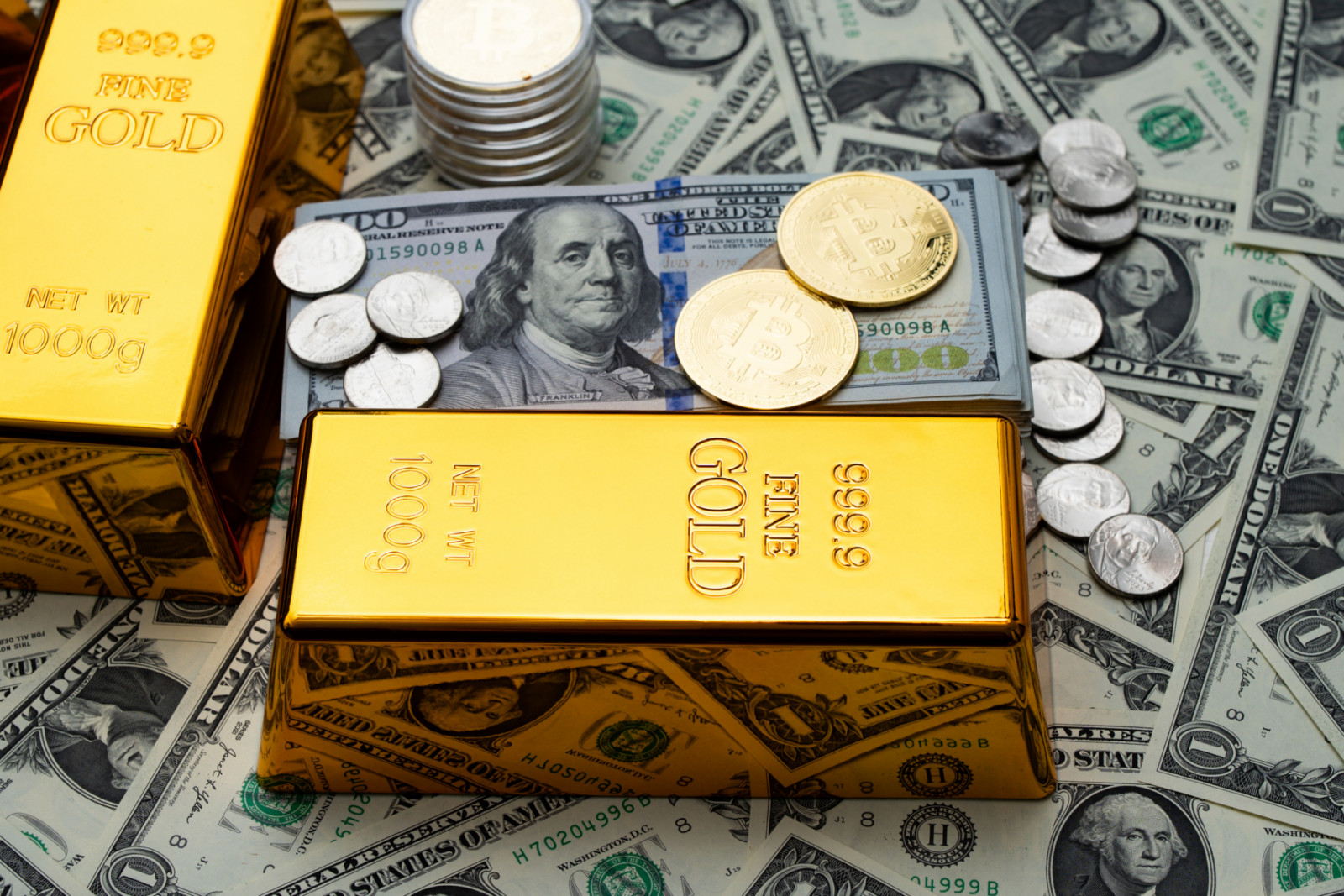 Money dollars and saving finance. Bitcoin, dollars and gold bar background. Saving money. Dollar bills and gold bars. Banknotes and gold. US dollars. American banking and savings. Saving storage money