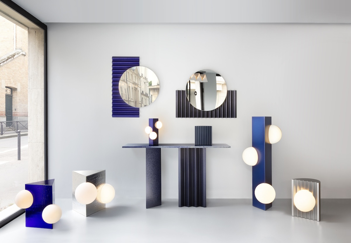 A sculptural collection in varying shades of blue, each piece defined by its distinctive Zigzag element
