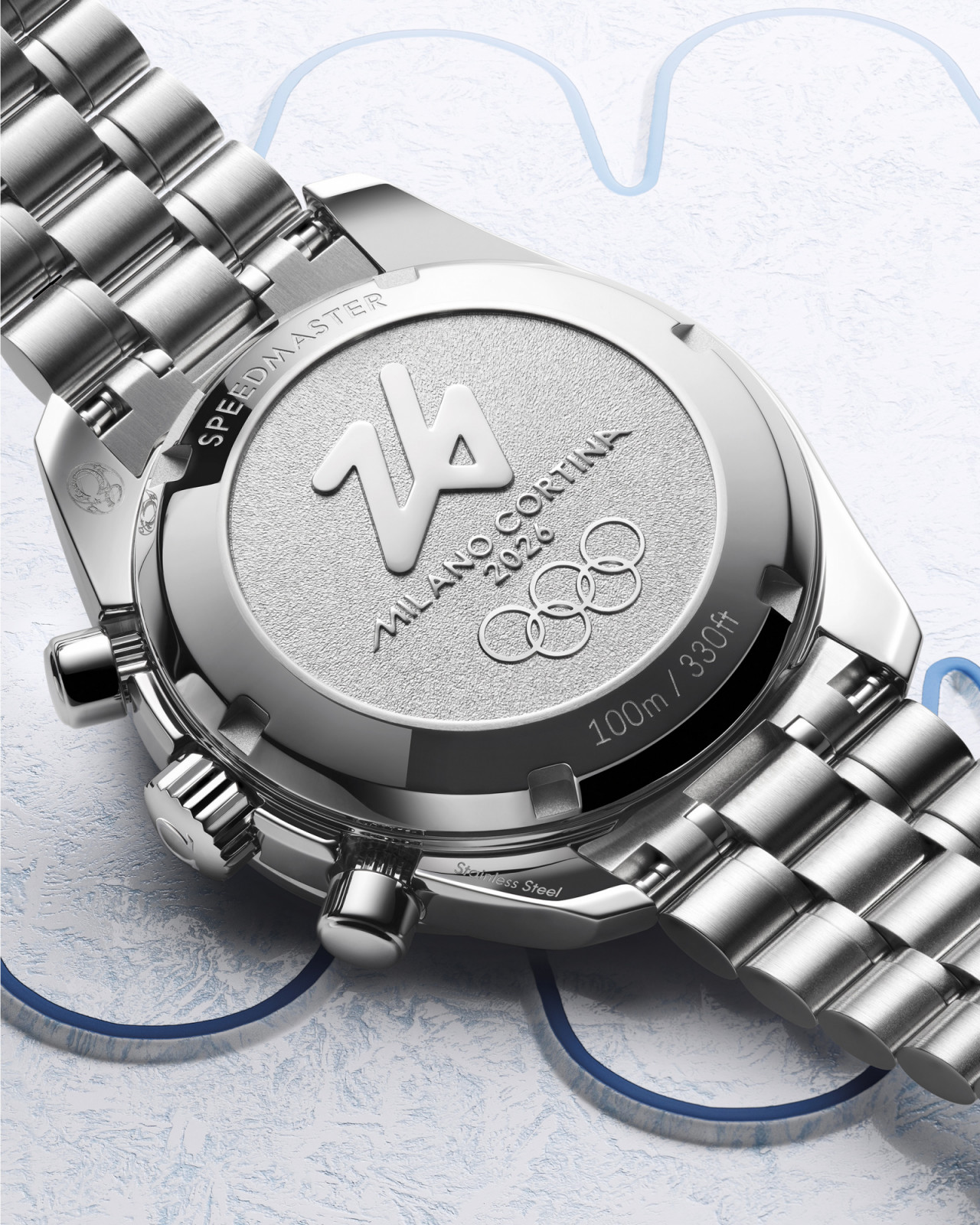 The caseback of Omega Speedmaster Milano Cortina 2026 is stamped with the Games’ medallion