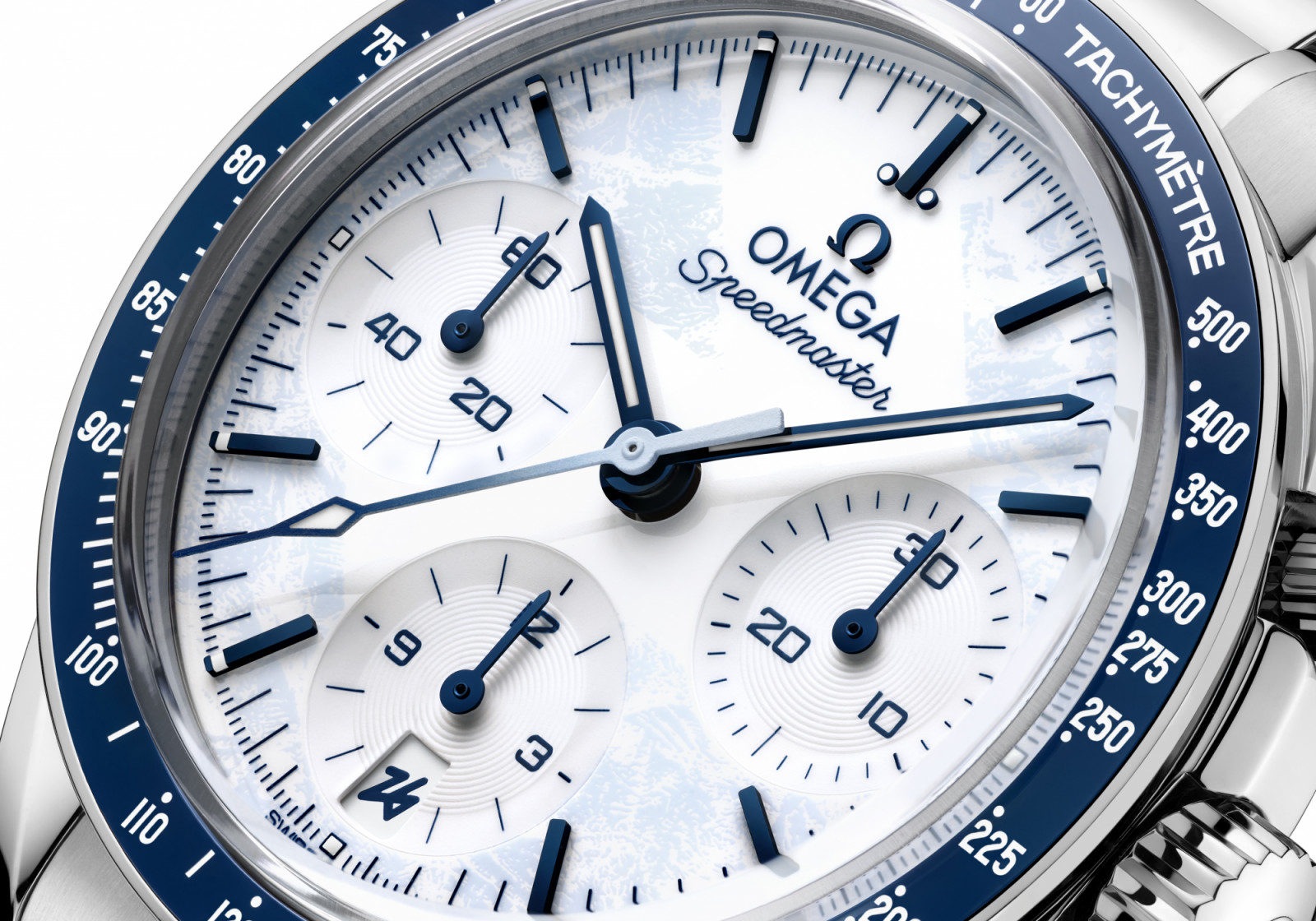 Omega Speedmaster Milano Cortina 2026’s white-blue dial evokes the feel of winter