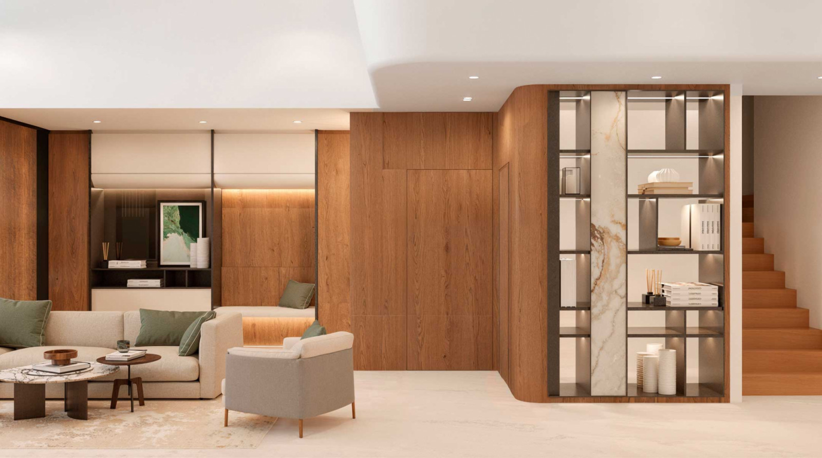 A rendering of the Vessel House’s clean-lined living area by Mosh Interior and Quarters Architects