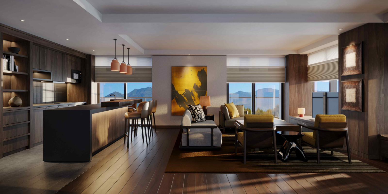 Warm timber tones, tactile finishes, and generous windows that frame expansive mountain panoramas
