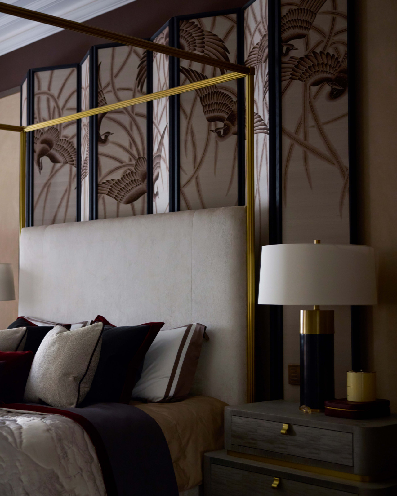 Bespoke wall panels by Fromental in the primary bedroom of a home in London's OWO Residences, designed by Deseesion Interiors