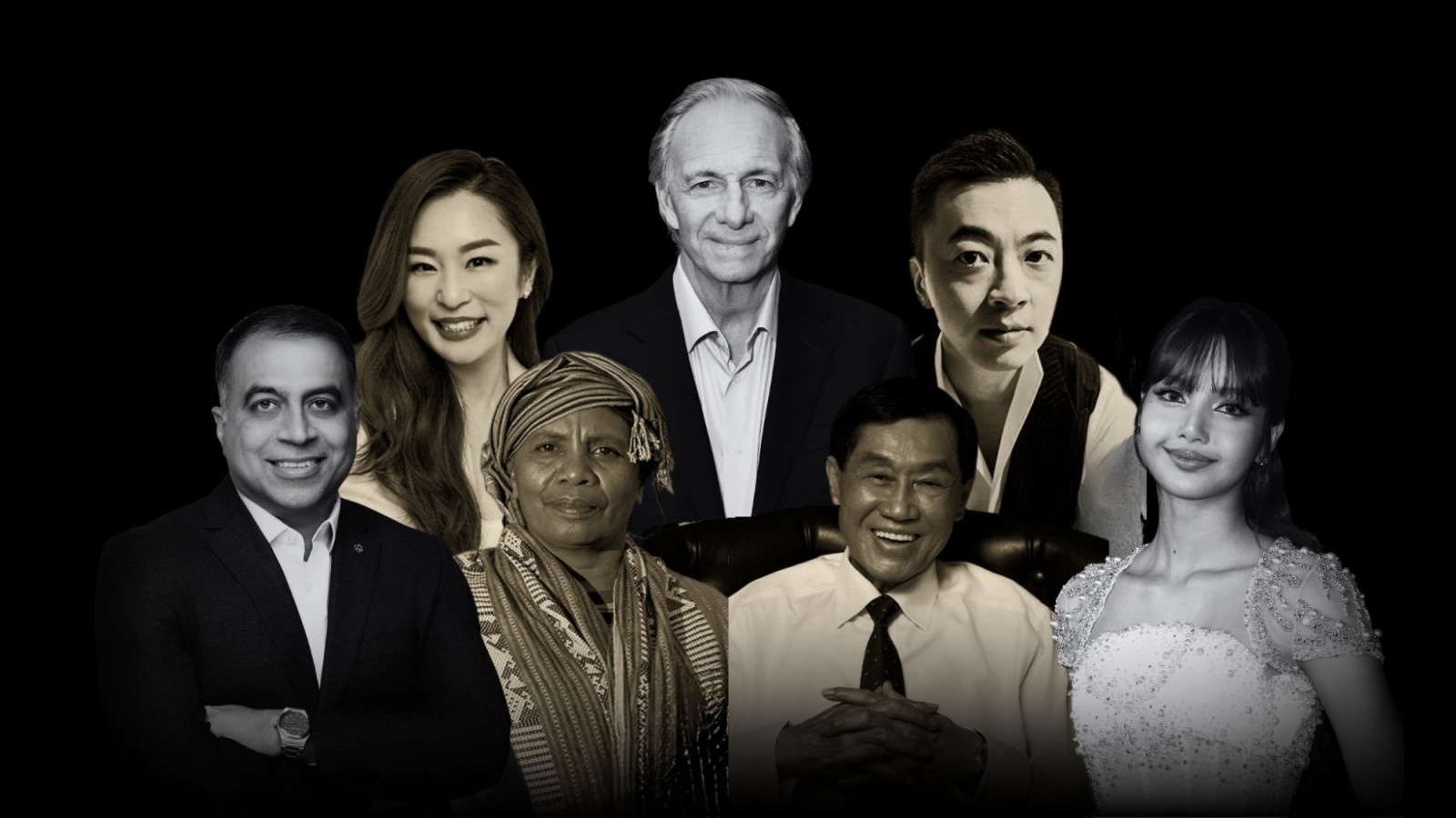 From left: Tatler Most Influential 2025 honourees include Farhan Ahmad, Yvon Bock, Aleta Baun, Ray Dalio, Johnathan Hanh Nguyen, Danny Yeung and Lalisa Manobal (Photo: Valerie Lim)