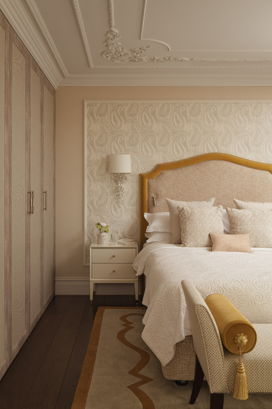The soothing, elegant layout of a bedroom in a Hertfordshire, England property designed by Vastu Interior Design to include elements of Vastu Shastra, India's ancient architectural science