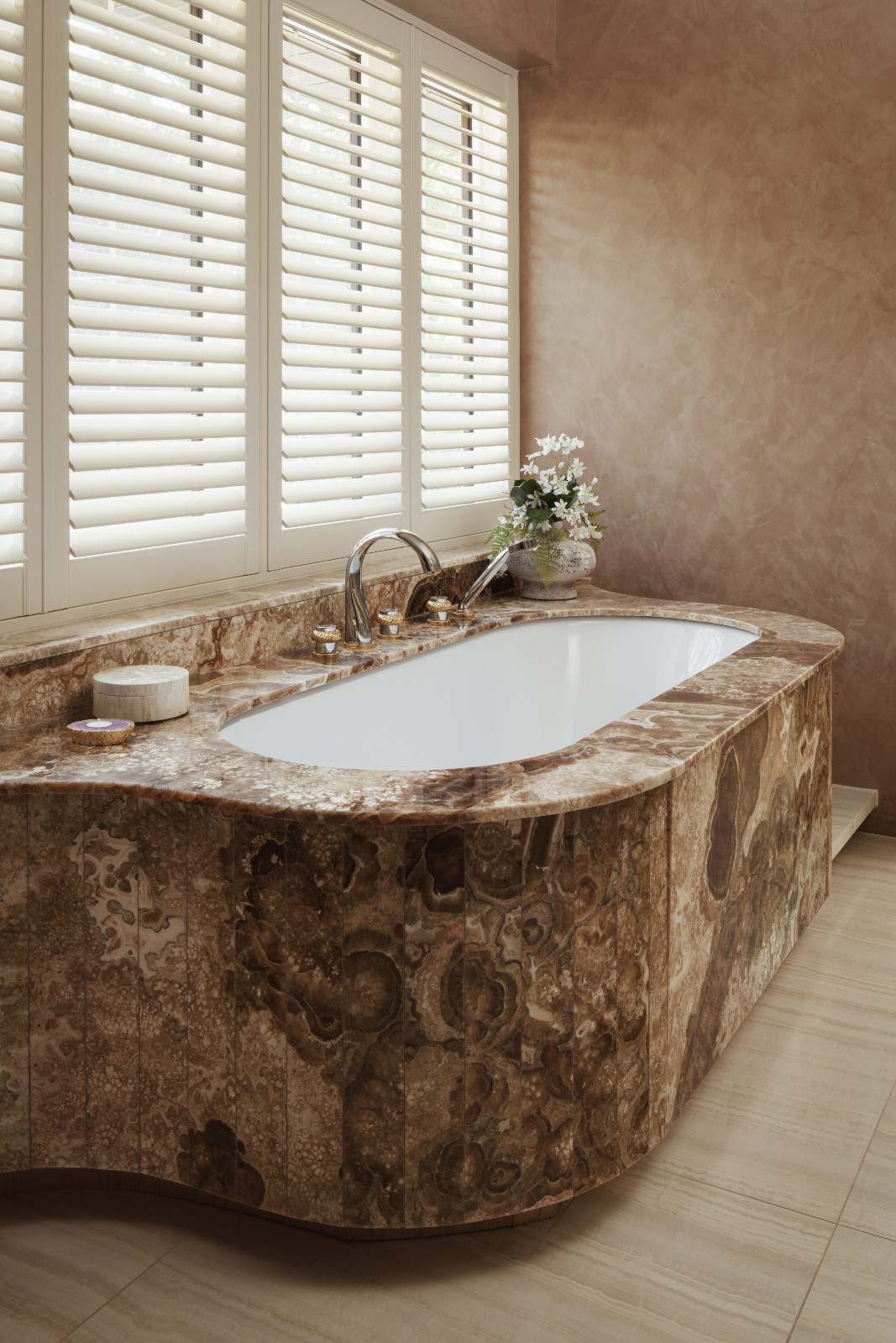 The serene bathroom in a Hertfordshire, England property designed by Vastu Interior Design to include elements of Vastu Shastra, India's ancient architectural science