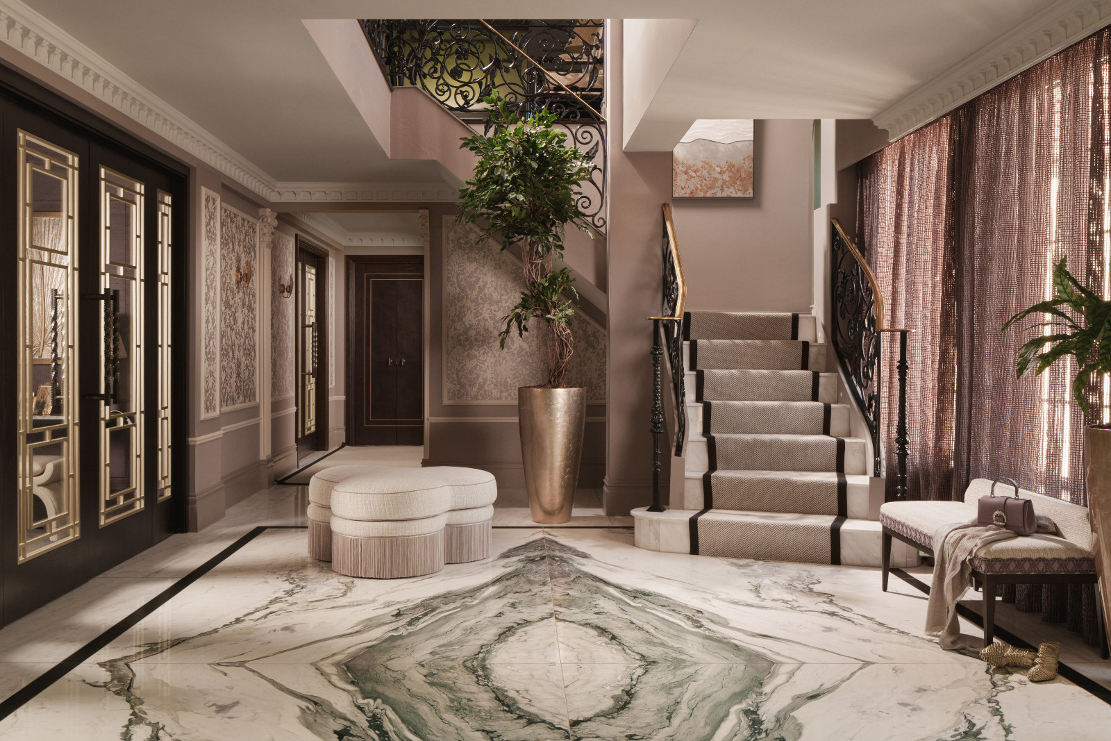 The entrance and stairway of  a Hertfordshire, England property designed by Vastu Interior Design to include elements of Vastu Shastra, India's ancient architectural science