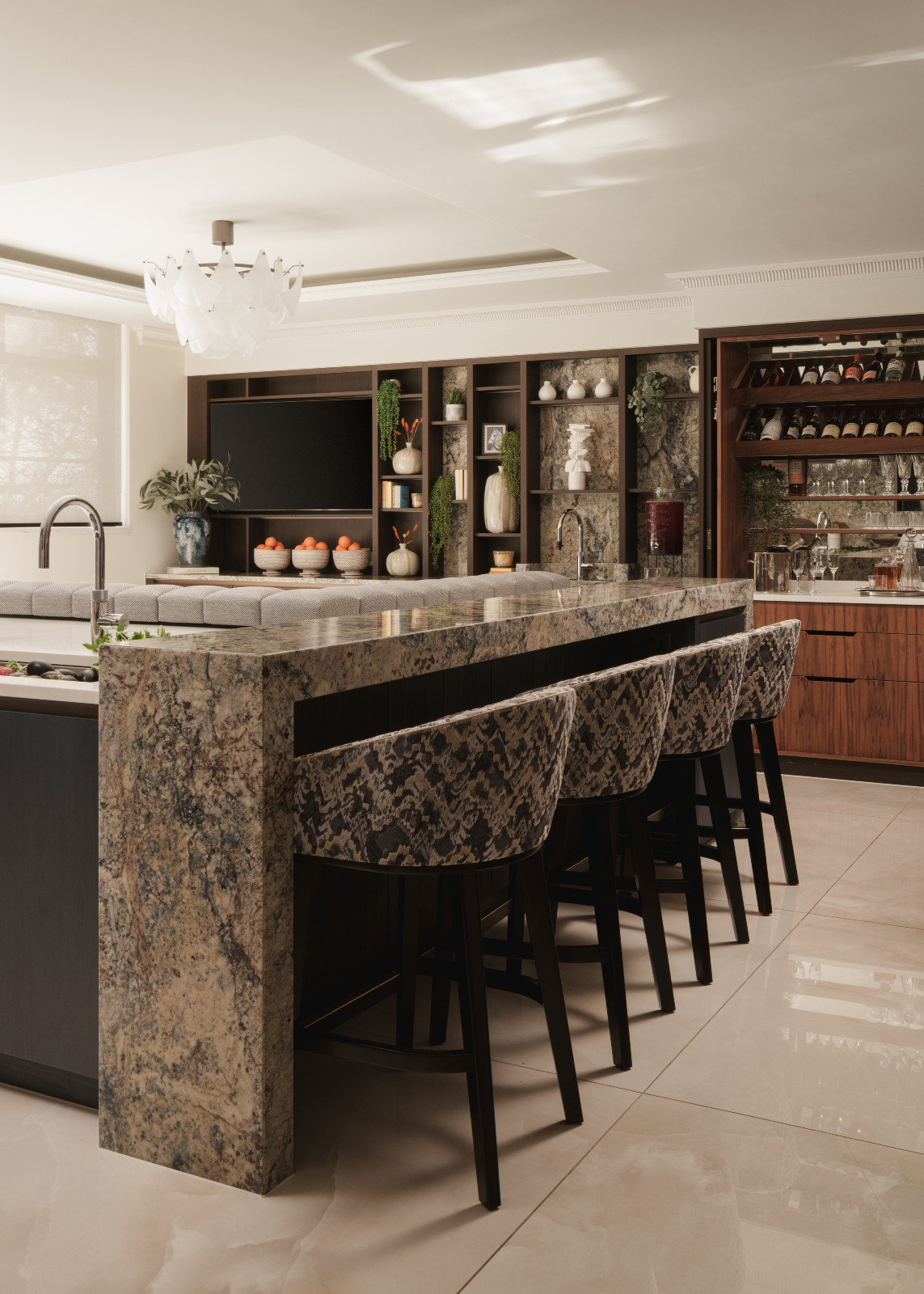 The muted, textural elements of the kitchen in a Hertfordshire, England property designed by Vastu Interior Design to include elements of Vastu Shastra, India's ancient architectural science