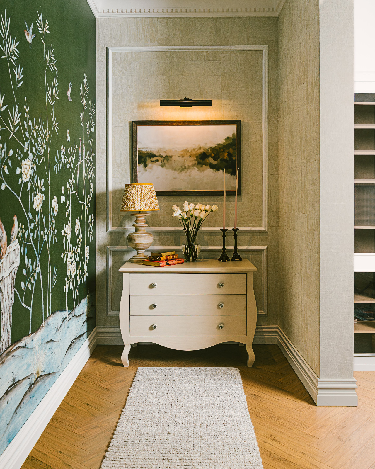 The unique details that feature flora and fauna in one of the bedrooms revamped by Qreative Design Studio at a family home in Muharraq, Bahrain