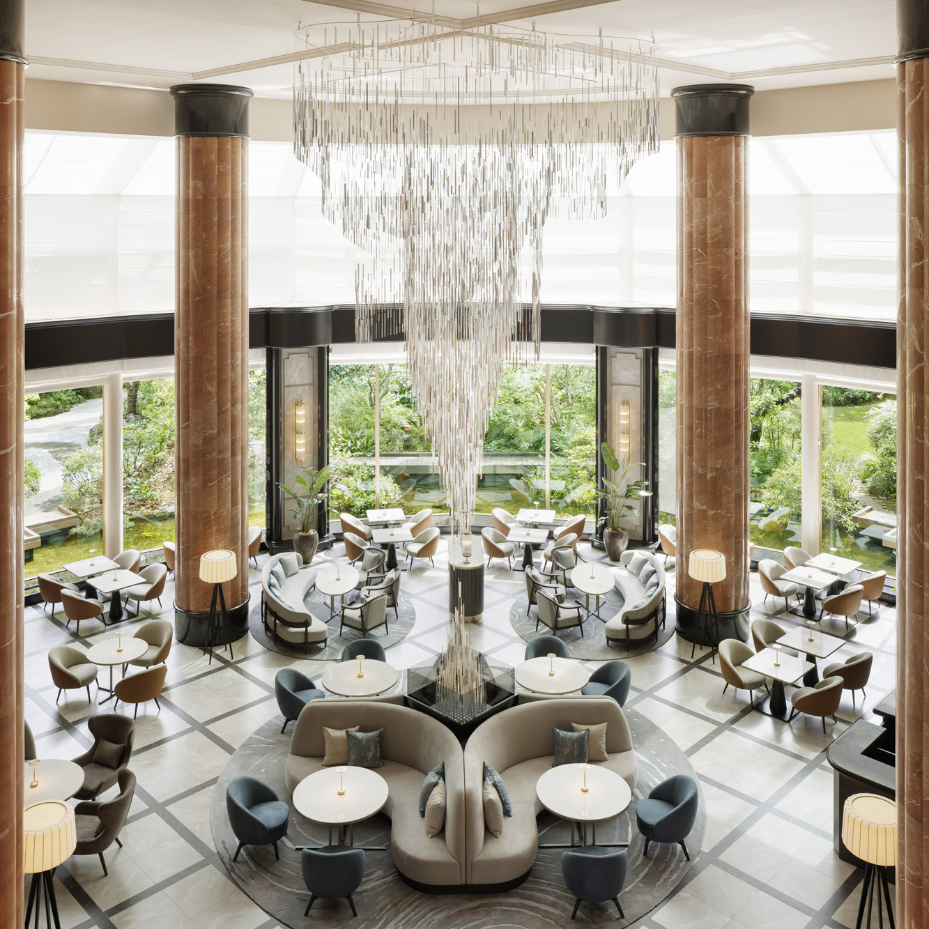 Studio Sawada’s installation, Waterfall, hangs above the lounge and is clearly visible from the entrance