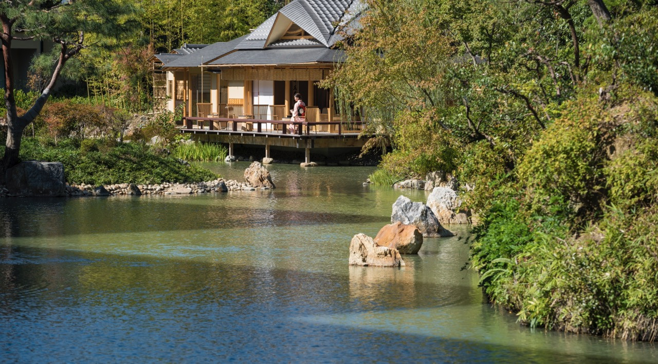 One of the Japanese pavilion structures which sits above the 800-year-old Ikeniwa pond garden, adjacent to Inari Jingu Shrine