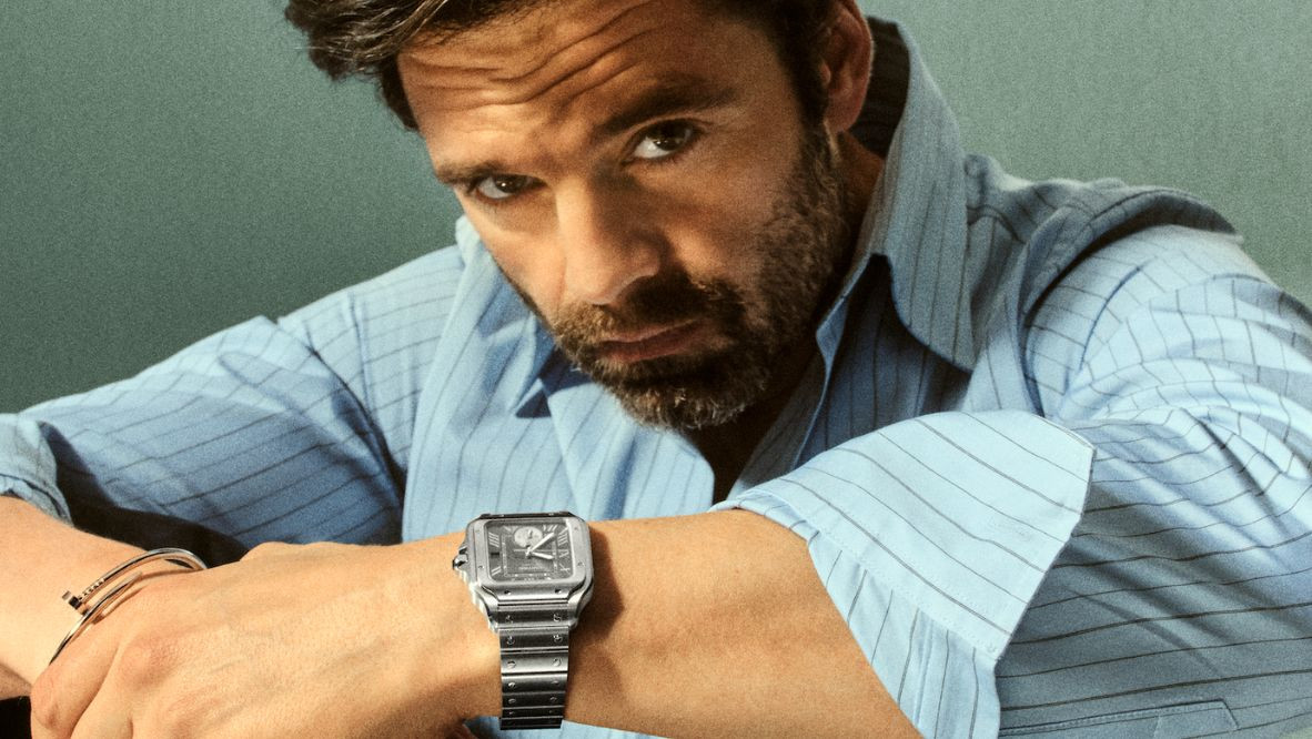 Sebastian Stan wears Santos de Cartier in steel