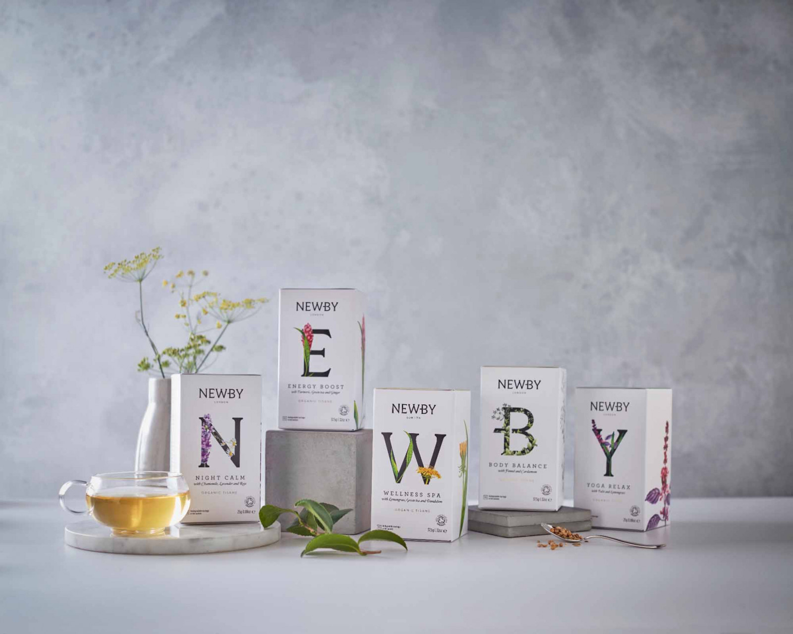 Night Calm, Body Balance and Yoga Relax are naturally caffeine-free, while Energy Boost and Wellness Spa contain green tea (Photo: Newby Teas)