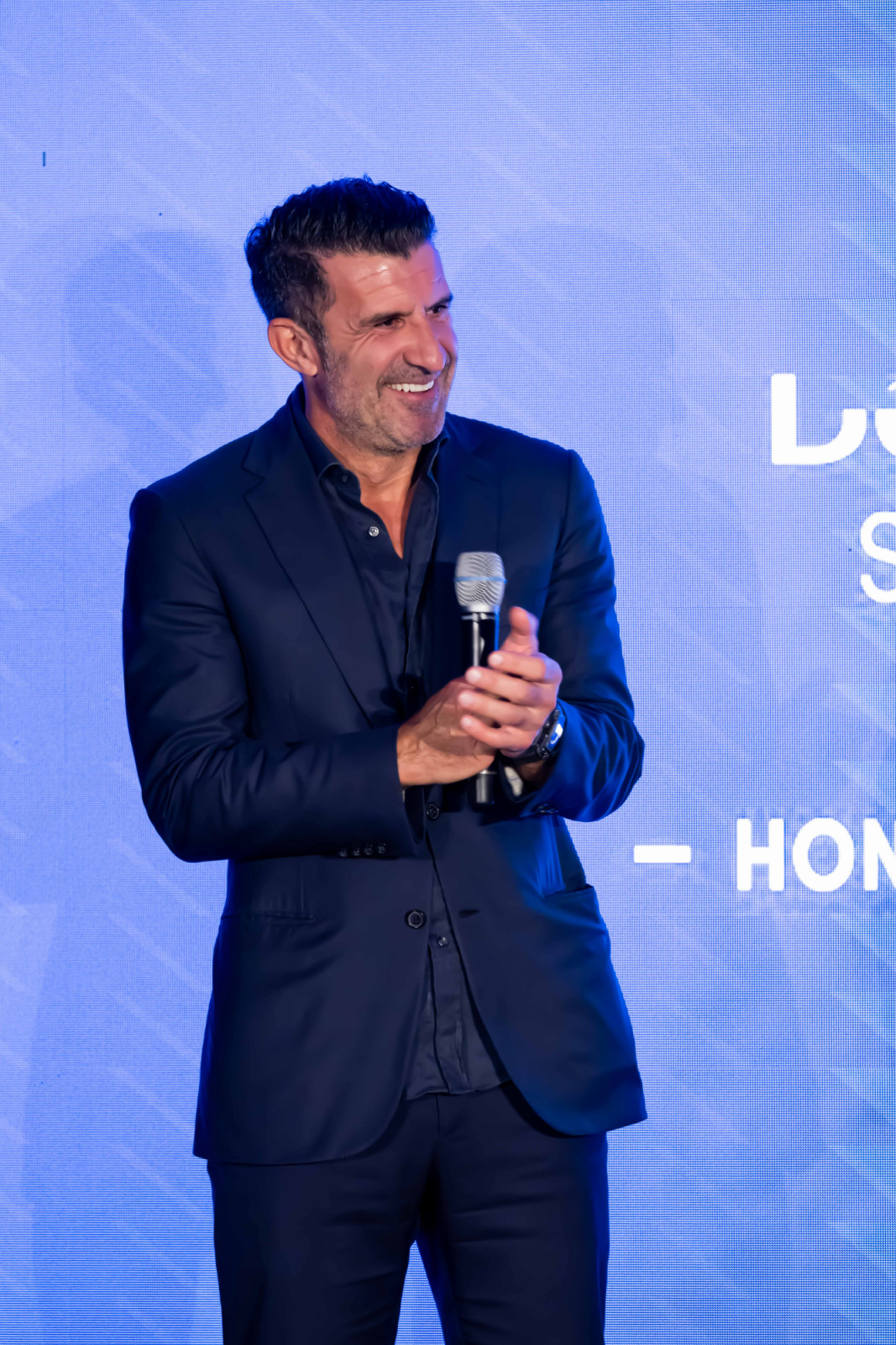 Barcelona football legend Luis Figo onstage at the Laureus Sport for Good event in Hong Kong