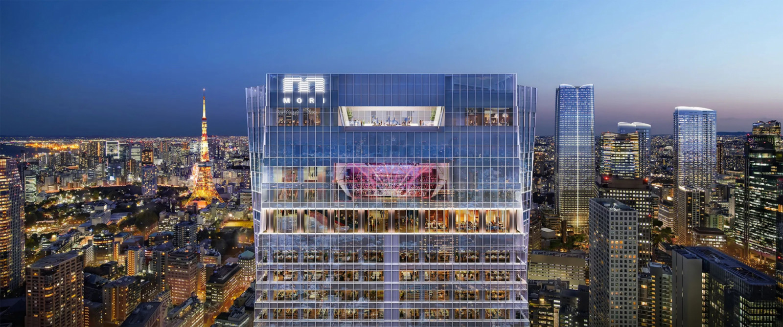 Tokyo Node occupies the upper floors of OMA’s 266-meter Toranomon Hills Station Tower. The cultural facility includes exhibition spaces, a performance theatre, and a rooftop pool with views across central Tokyo and Tokyo Tower (Photo: Mori Building Co)