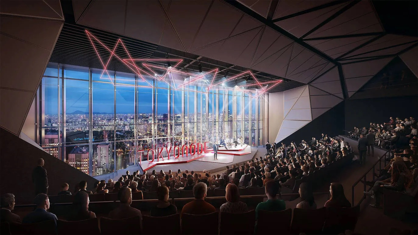 Occupying one of the tower’s upper levels, the Vertical Theatre at Tokyo Node frames panoramic city views through floor-to-ceiling windows (Photo: Mori Building Co)