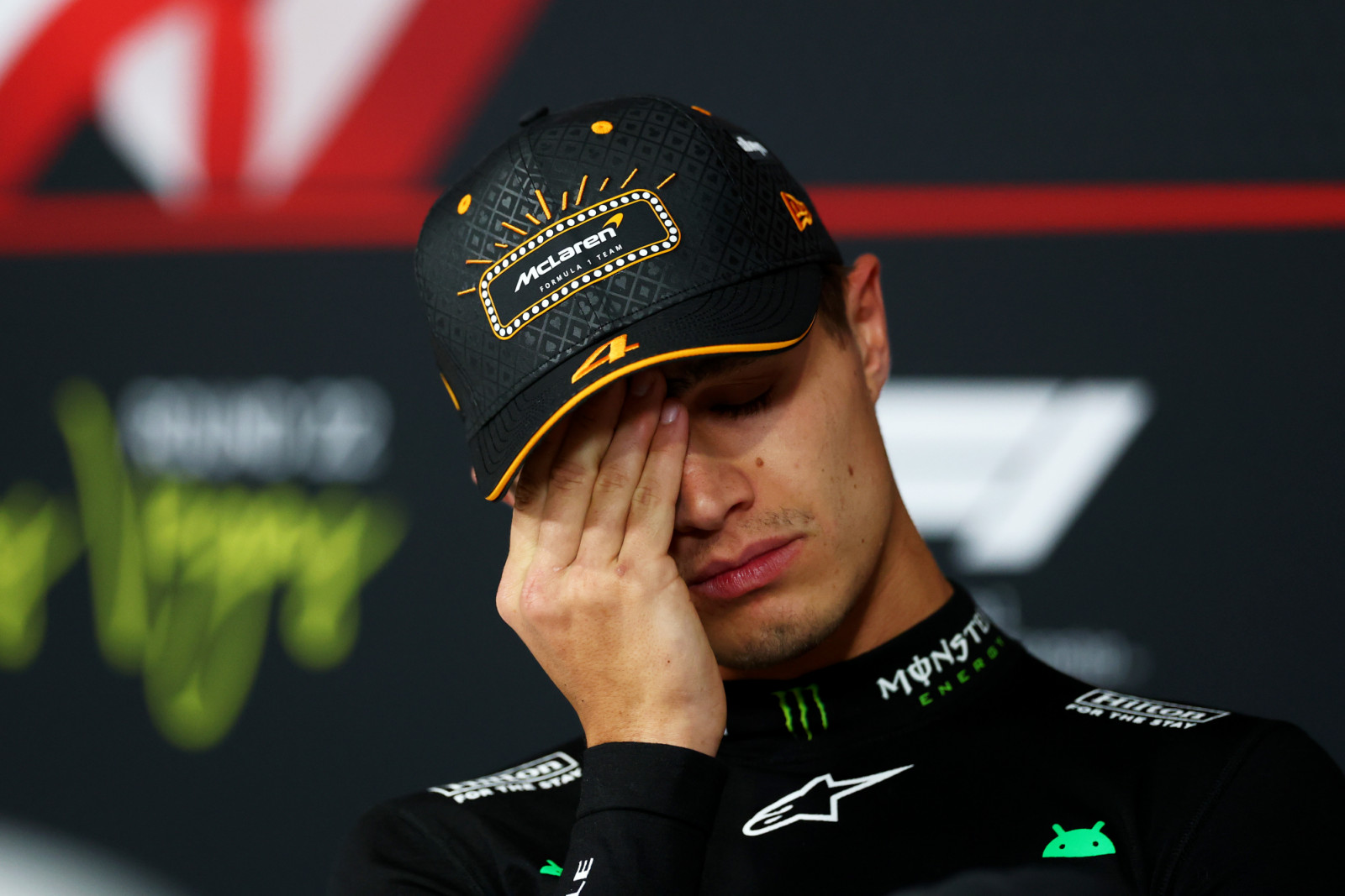LAS VEGAS, NEVADA - NOVEMBER 22: Second placed Lando Norris of Great Britain and McLaren in the Drivers Press Conference during the F1 Grand Prix of Las Vegas at Las Vegas Strip Circuit on November 22, 2025 in Las Vegas, Nevada. (Photo by Clive Rose/Getty Images)