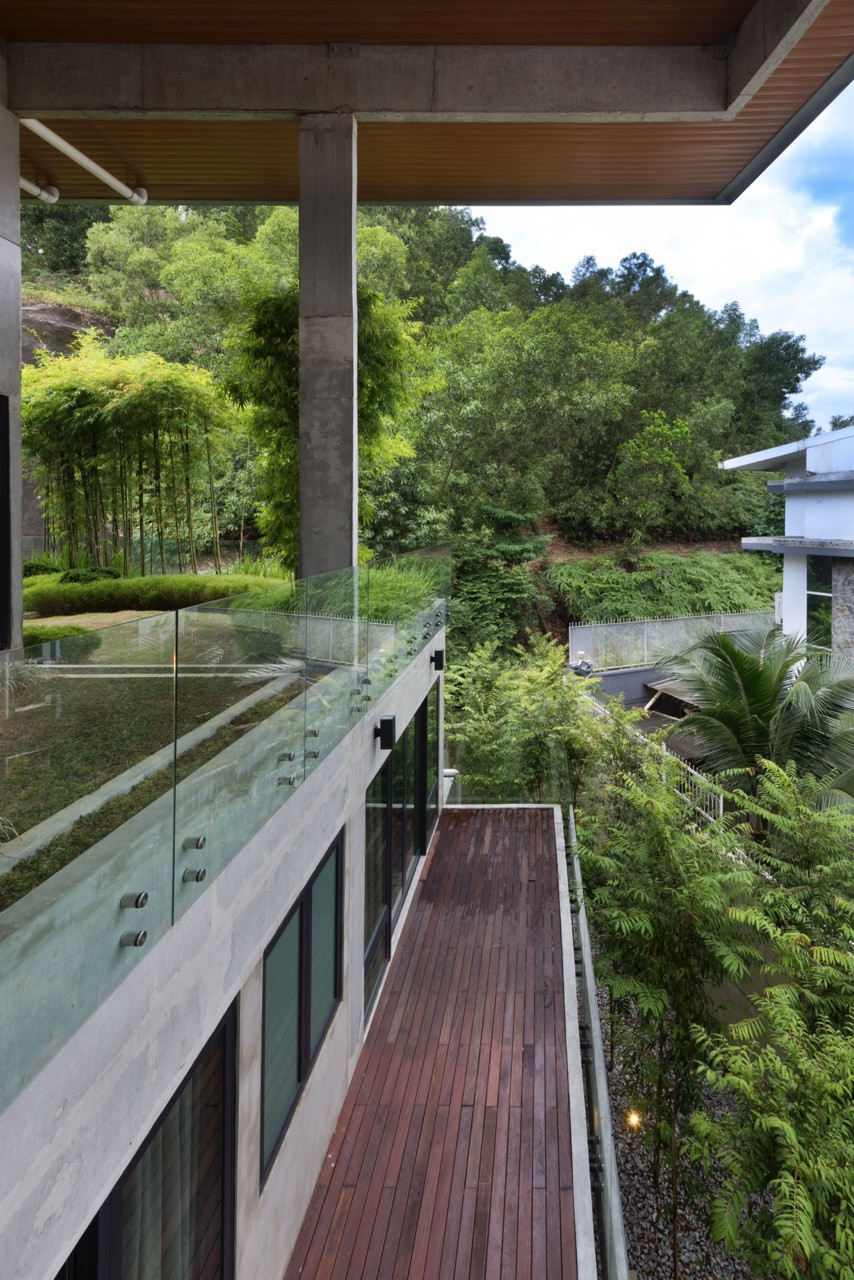 Wide overhangs shelter part of the Japanese sky garden and the terrace below. The concrete roof extends over the timber deck and glass balustrade, with views across to the nature reserve