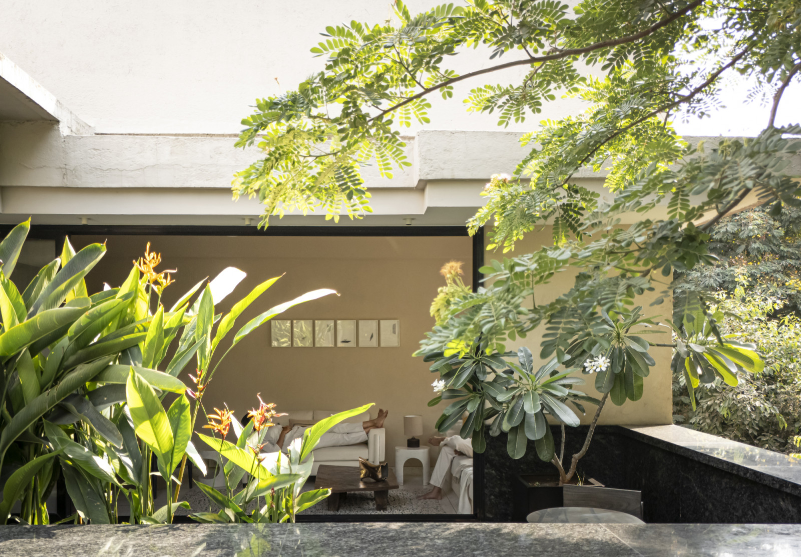 A glimpse of the outdoors from a renovated Art Deco home by Studio UF+O in Mumbai, India