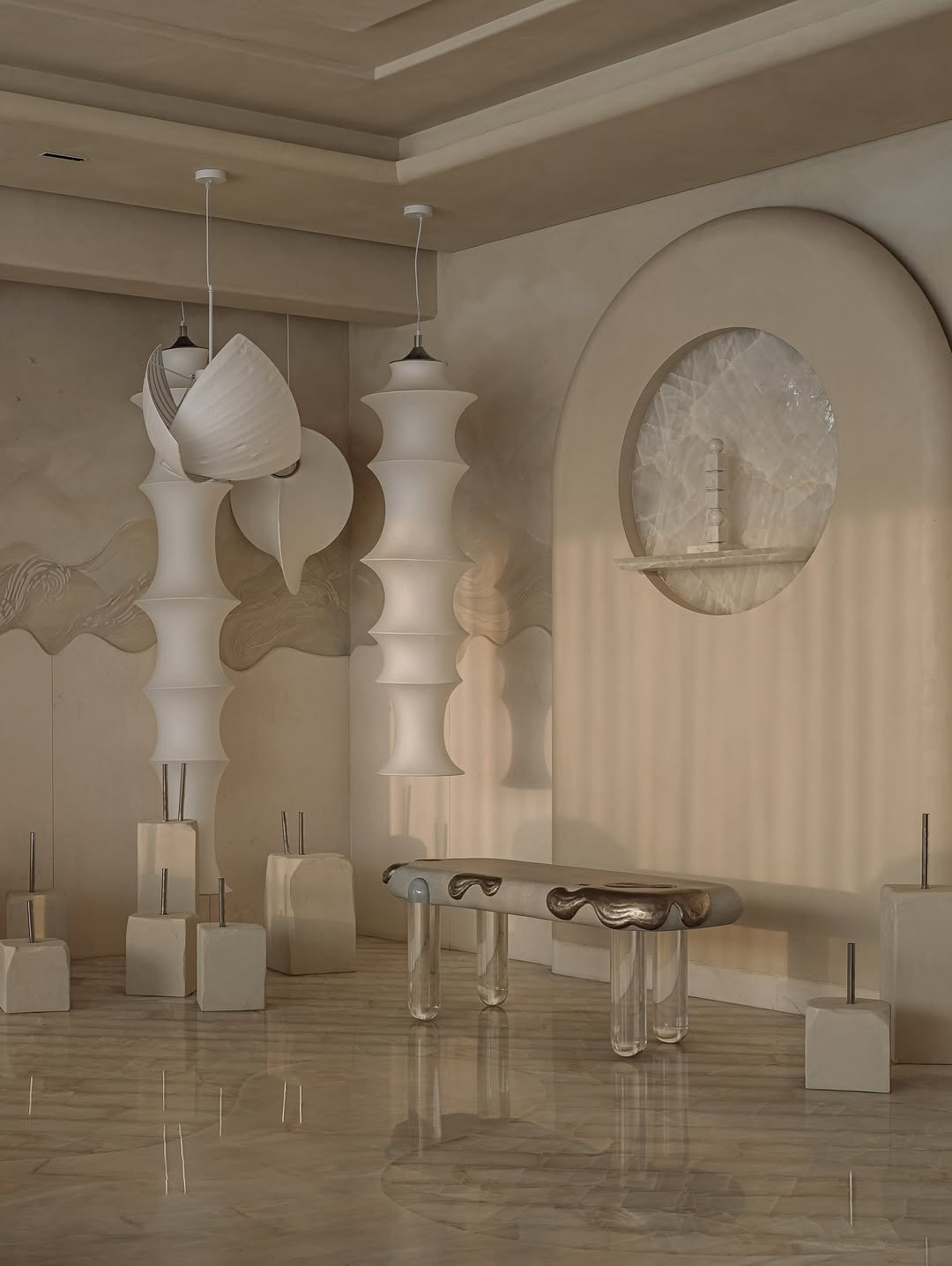 Artifacts made from stone, metal, and German silver anchor the spiritual corner