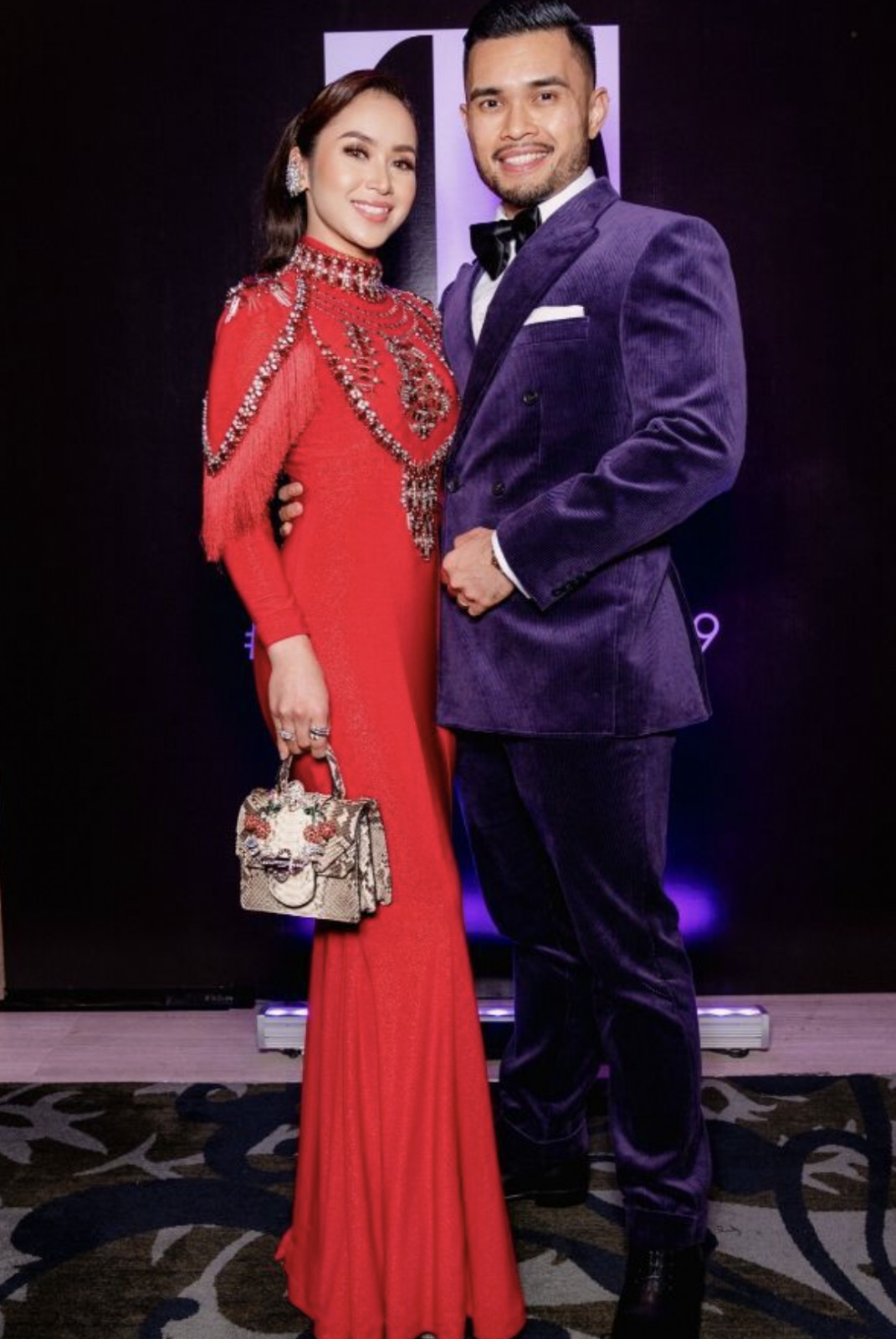 Dr Fazliana Abd Rashid and Dr Farid Razali in Jovian Mandagie and a bespoke suit by Lord's Tailor respectively (Tatler Ball 2019)