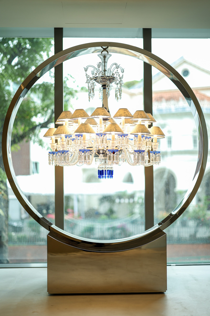 The Baccarat Printemps Bleu Zenith Chandelier by the Hong Kong-based renowned architect, interior and product designer, Steve Leung making its first appearance in Singapore