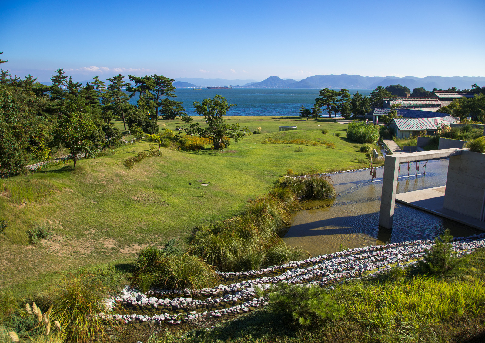 NAOSHIMA, JAPAN - AUGUST 24: Benesse house garden, Seto Inland Sea, Naoshima, Japan on August 24, 2017 in Naoshima, Japan. (Photo by Eric Lafforgue/Art In All Of Us/Corbis via Getty Images)