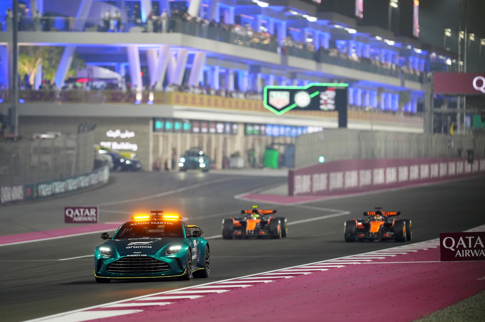 McLaren drivers Oscar Piastri and Lando Norris behind the safety car during the Qatar Grand Prix at the Lusail International Circuit. Picture date: Sunday November 30, 2025. (Photo by David Davies/PA Images via Getty Images)