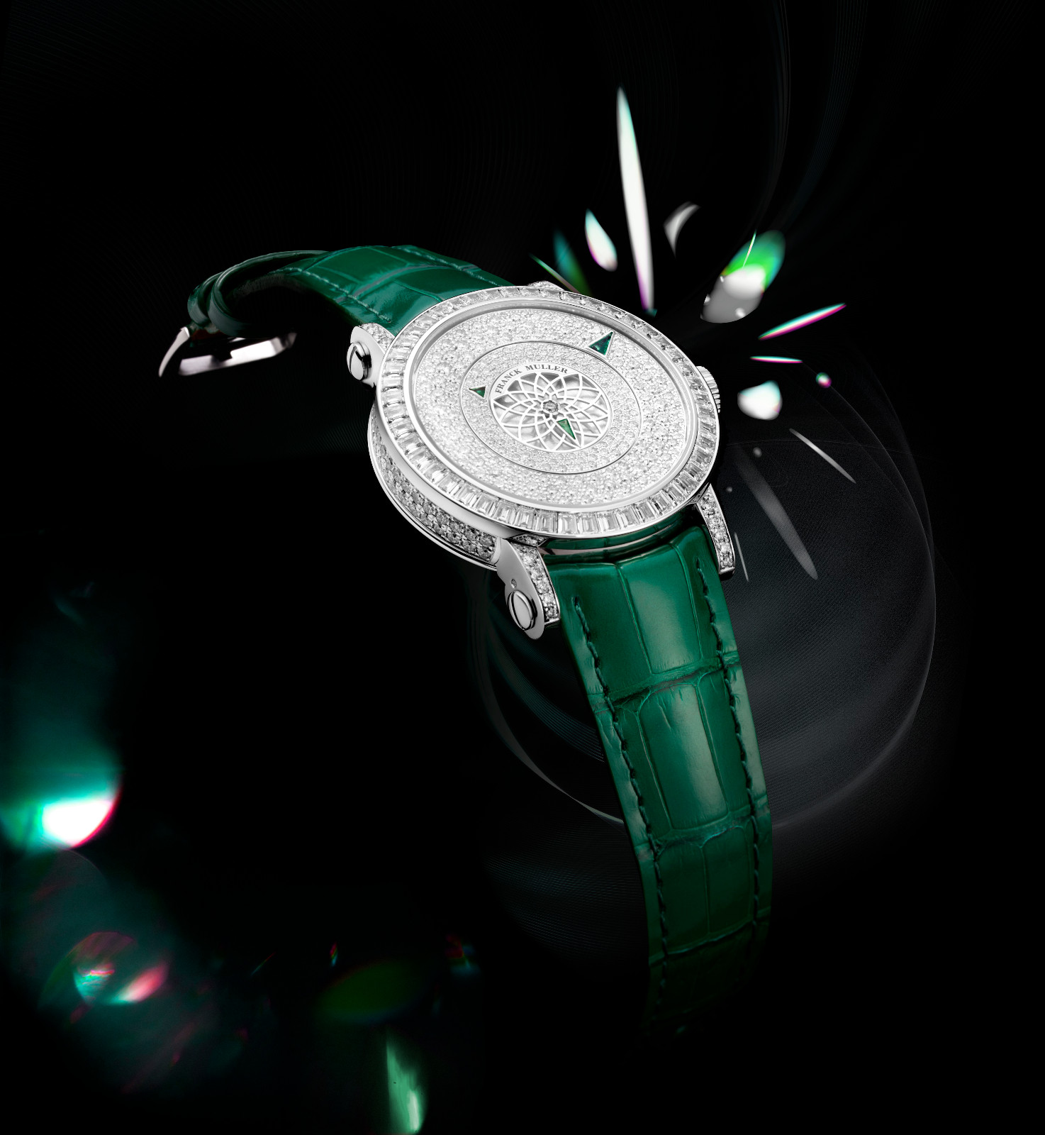 Franck Muller Round Triple Mystery in white gold with emerald indexes and green alligator strap
