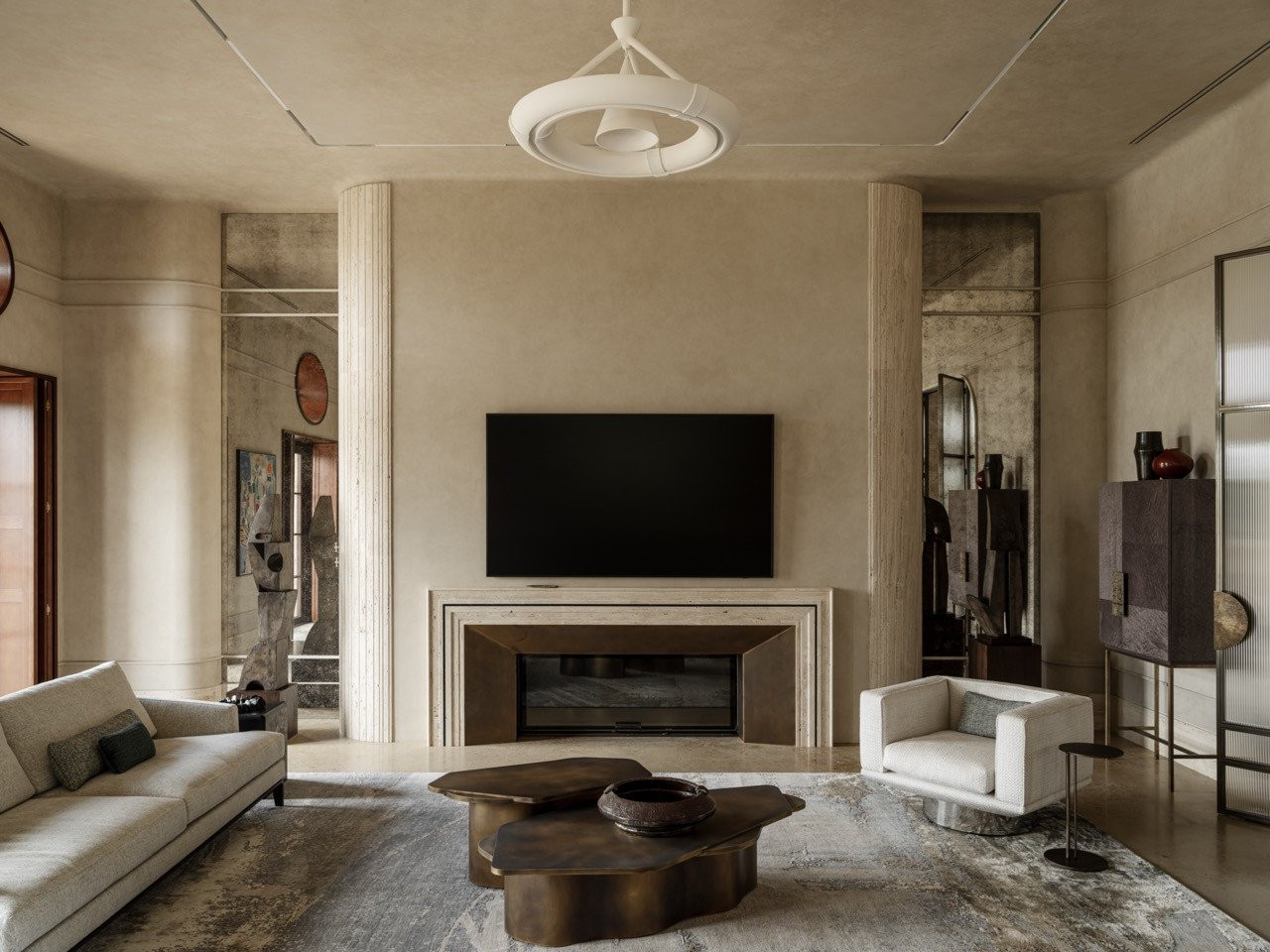 Fluted travertine columns flanked the fireplace (Photo: Mikhail Loskutov)