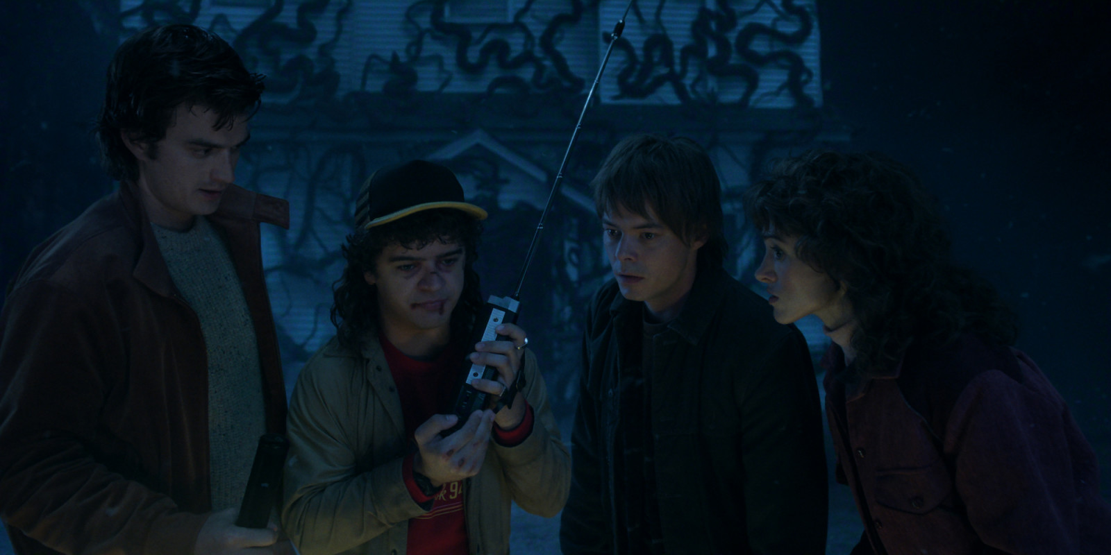 STRANGER THINGS: SEASON 5. (L to R) Joe Keery as Steve Harrington, Gaten Matarazzo as Dustin Henderson, Charlie Heaton as Jonathan Byers, and Natalia Dyer as Nancy Wheeler in Stranger Things: Season 5. Cr. COURTESY OF NETFLIX © 2025