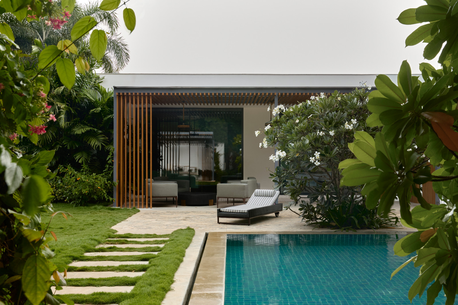 The pool area of the Tirupur, India home designed by Chestnut Storeys
