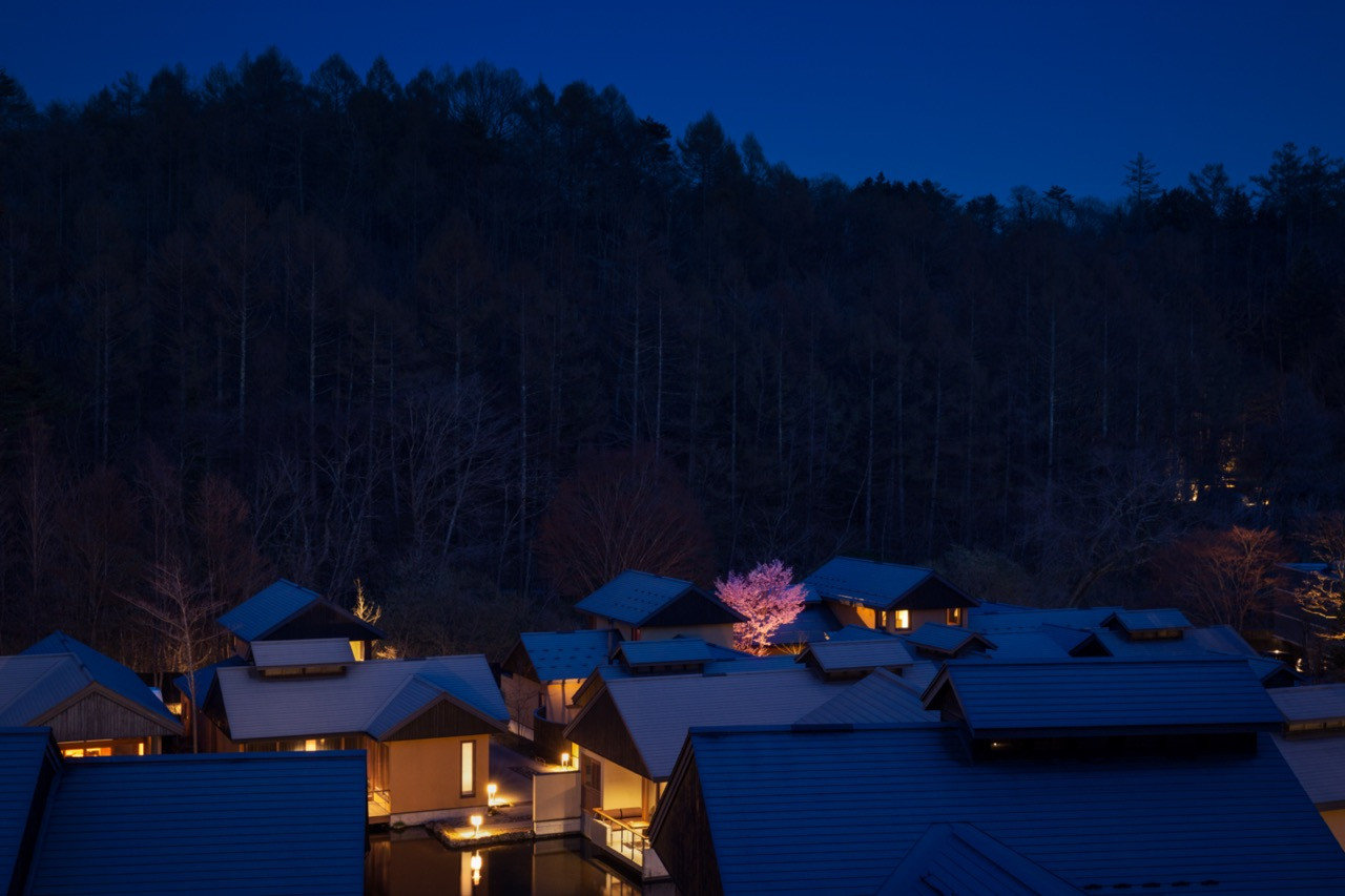 Masanobu Takeishi's lighting design withdraws artificial light after sunset, allowing the pavilions to register against the forest at night