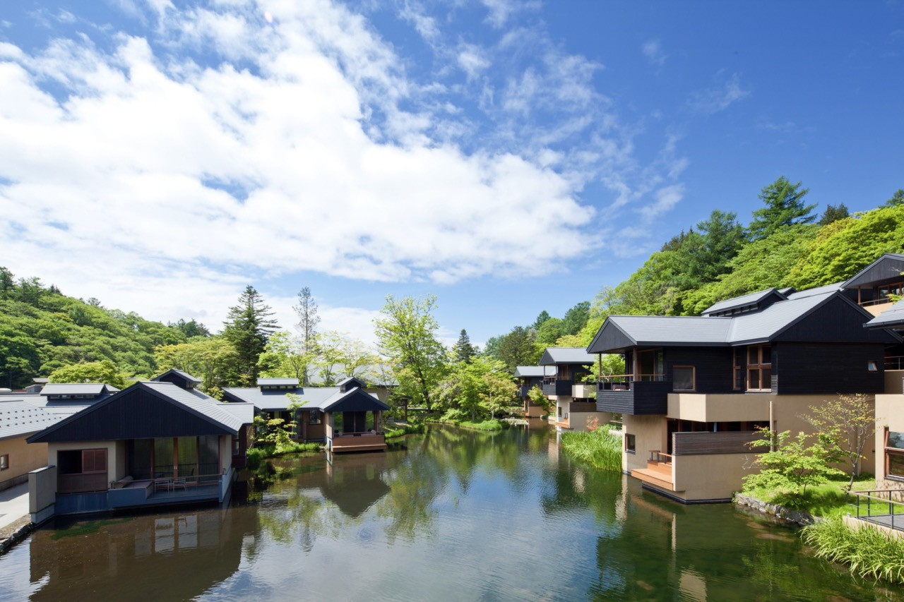 Azuma created 22 pavilion types connected by footpaths, giving the resort the appearance of a village that settled gradually into the valley