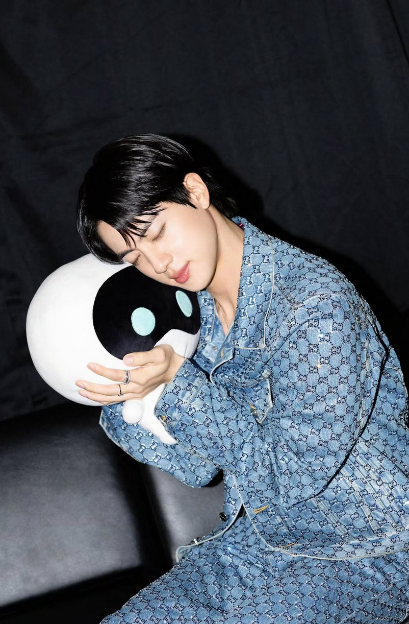 In custom Gucci denim, Jin hugs his Wootteo plushie (Photo: @jin / Instagram)