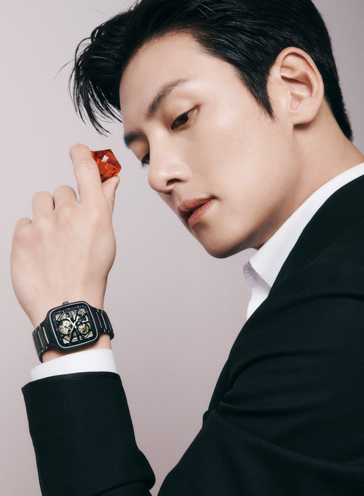 Ji Chang-wook wearing the Rado True Square Open Heart adorned with red rubies