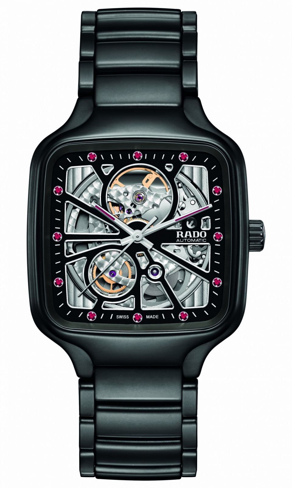 Rado True Square Open Heart x Ji Chang-wook in matt high-tech ceramic with 12 rubies on the dial