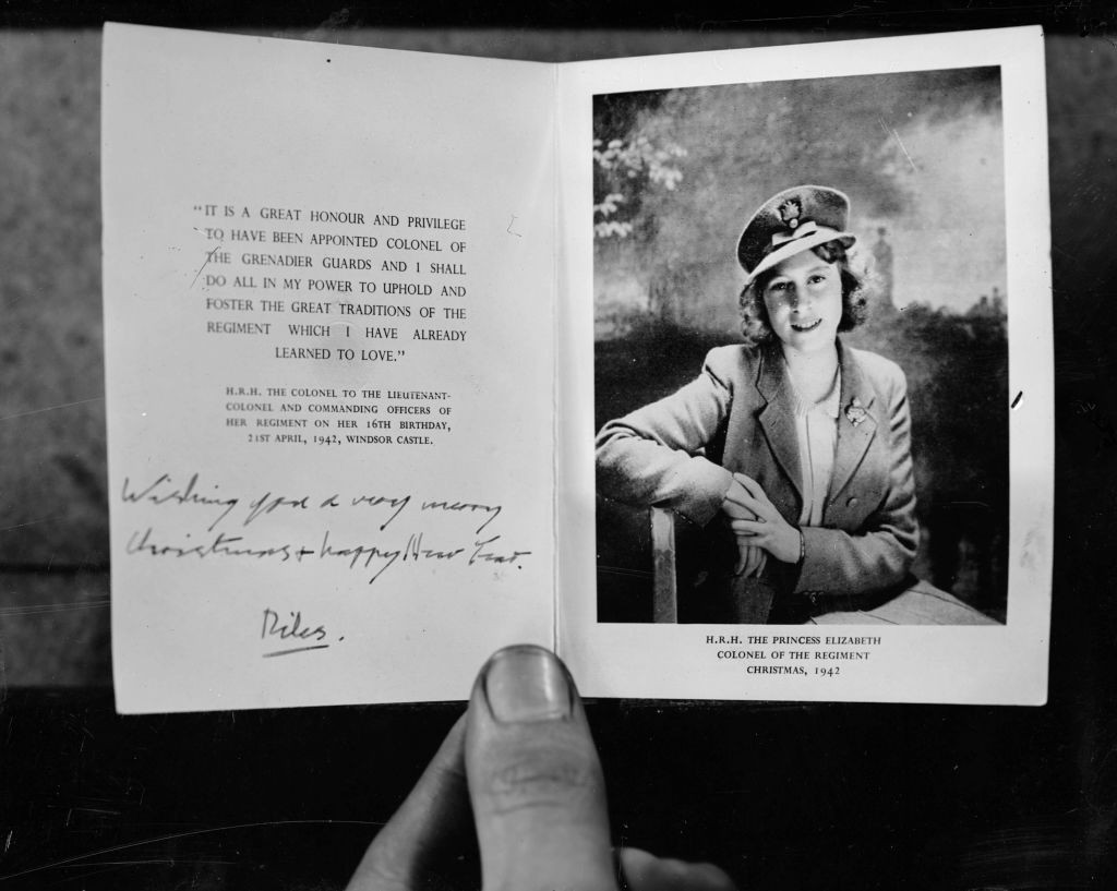 1942: A Christmas card from Princess Elizabeth (later Queen Elizabeth II of Great Britain) to the Grenadier Guards regiment of the British Army. (Photo by Express/Express/Getty Images)