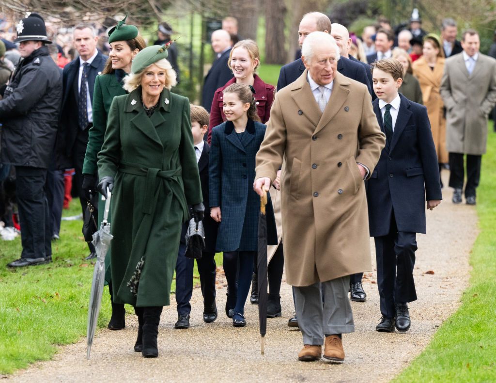 SANDRINGHAM, NORFOLK - DECEMBER 25: Catherine, Princess of Wales, Queen Camilla, Princess Charlotte of Wales, King Charles III, Prince William, Prince of Wales and Prince George of Wales attend the Christmas Morning Service at Sandringham Church on December 25, 2024 in Sandringham, Norfolk. (Photo by Samir Hussein/WireImage)