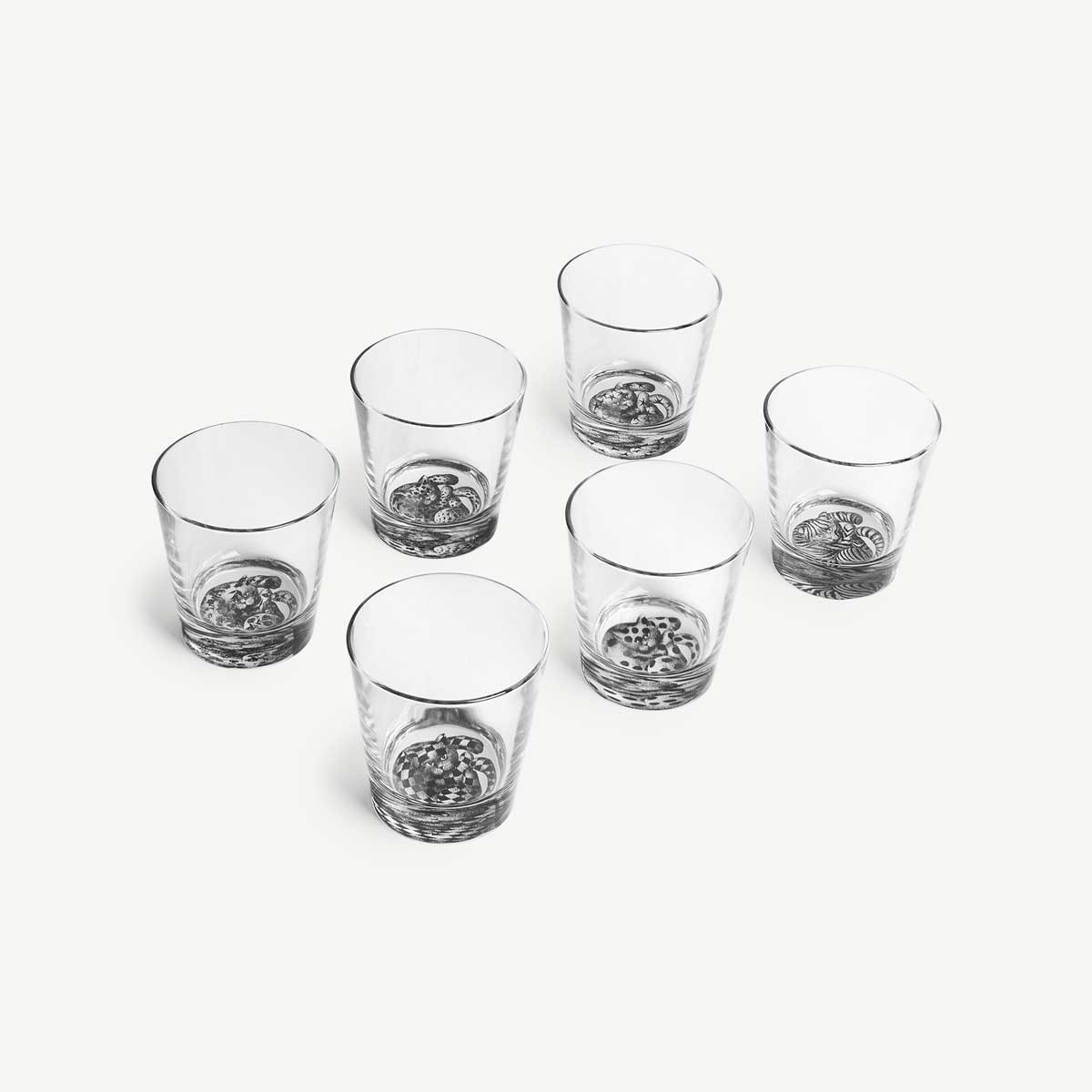 Set of six Fornasetti High Fidelity glasses