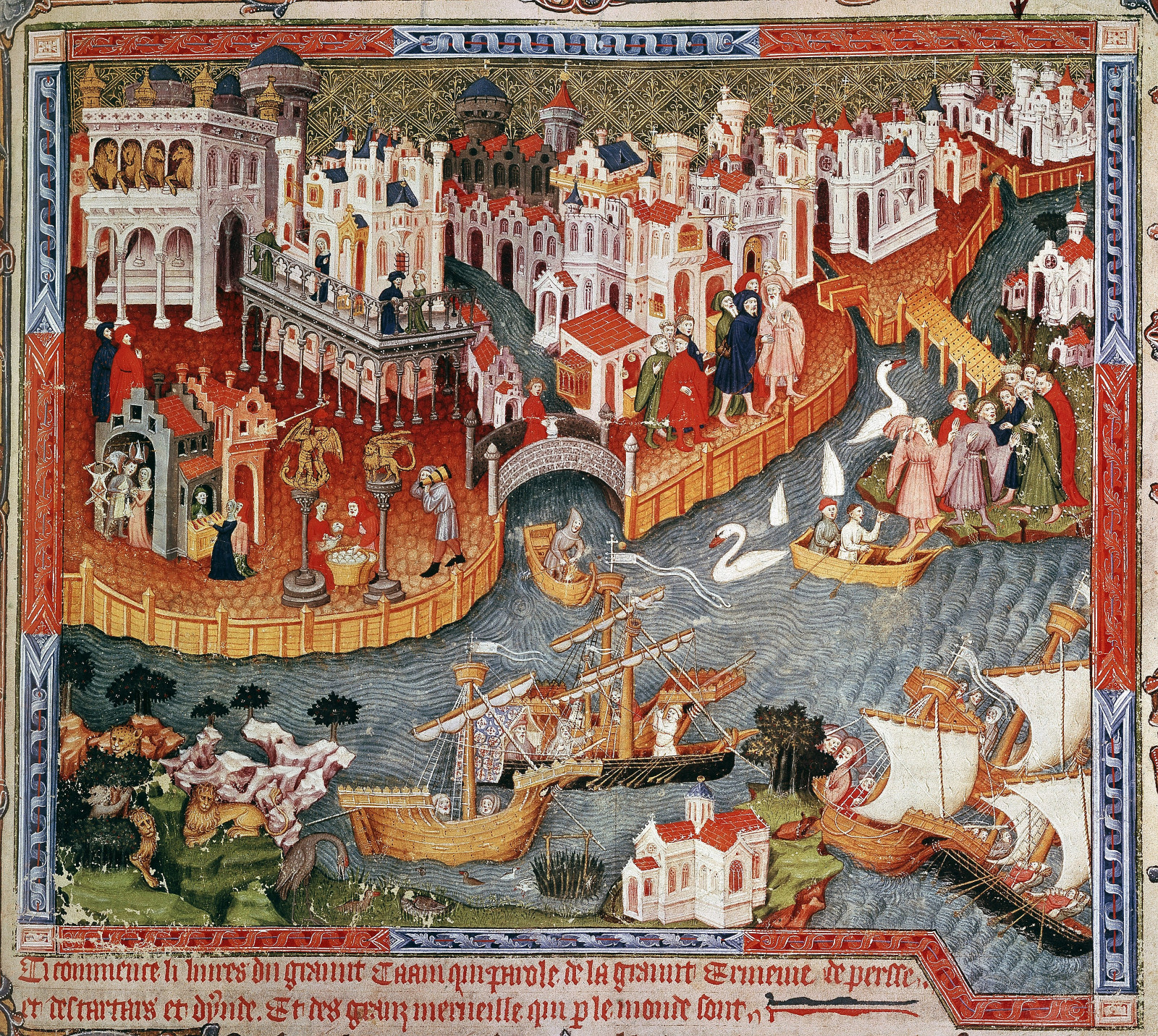 UNSPECIFIED - CIRCA 1754: Marco Polo (1254-1324) setting out from Venice with his father and uncle, 1271, for court of Kublai Khan where they arrive 1275. Travels of Marco Polo, 15th century manuscript. (Photo by Universal History Archive/Getty Images)